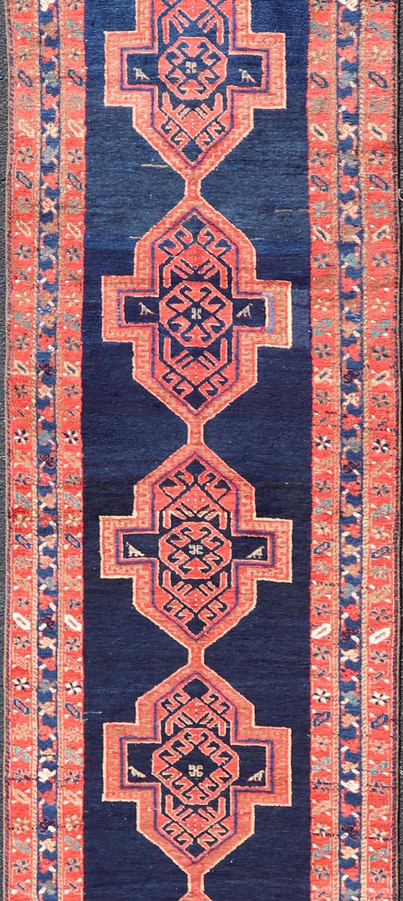 Antique Persian Azerbaijan Runner in Navy Blue Background with Large Medallions  In Excellent Condition For Sale In Atlanta, GA