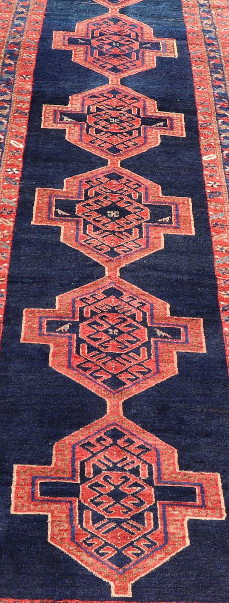 Antique Persian Azerbaijan Runner in Navy Blue Background with Large Medallions  For Sale 2