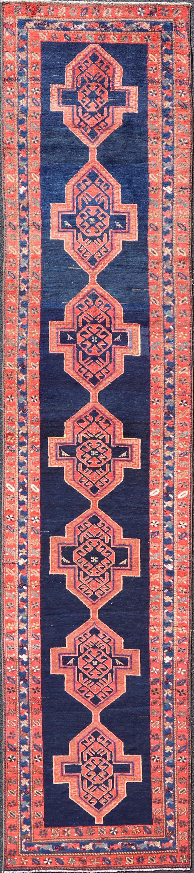 Antique Persian Azerbaijan Runner in Navy Blue Background with Large Medallions  For Sale