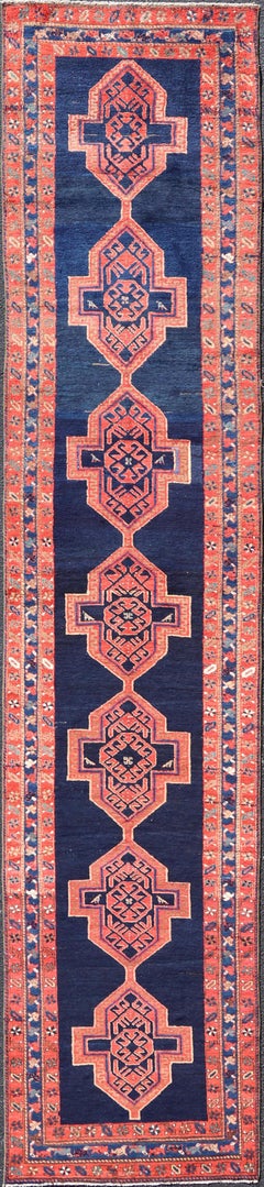 Antique Persian Azerbaijan Runner in Navy Blue Background with Large Medallions 