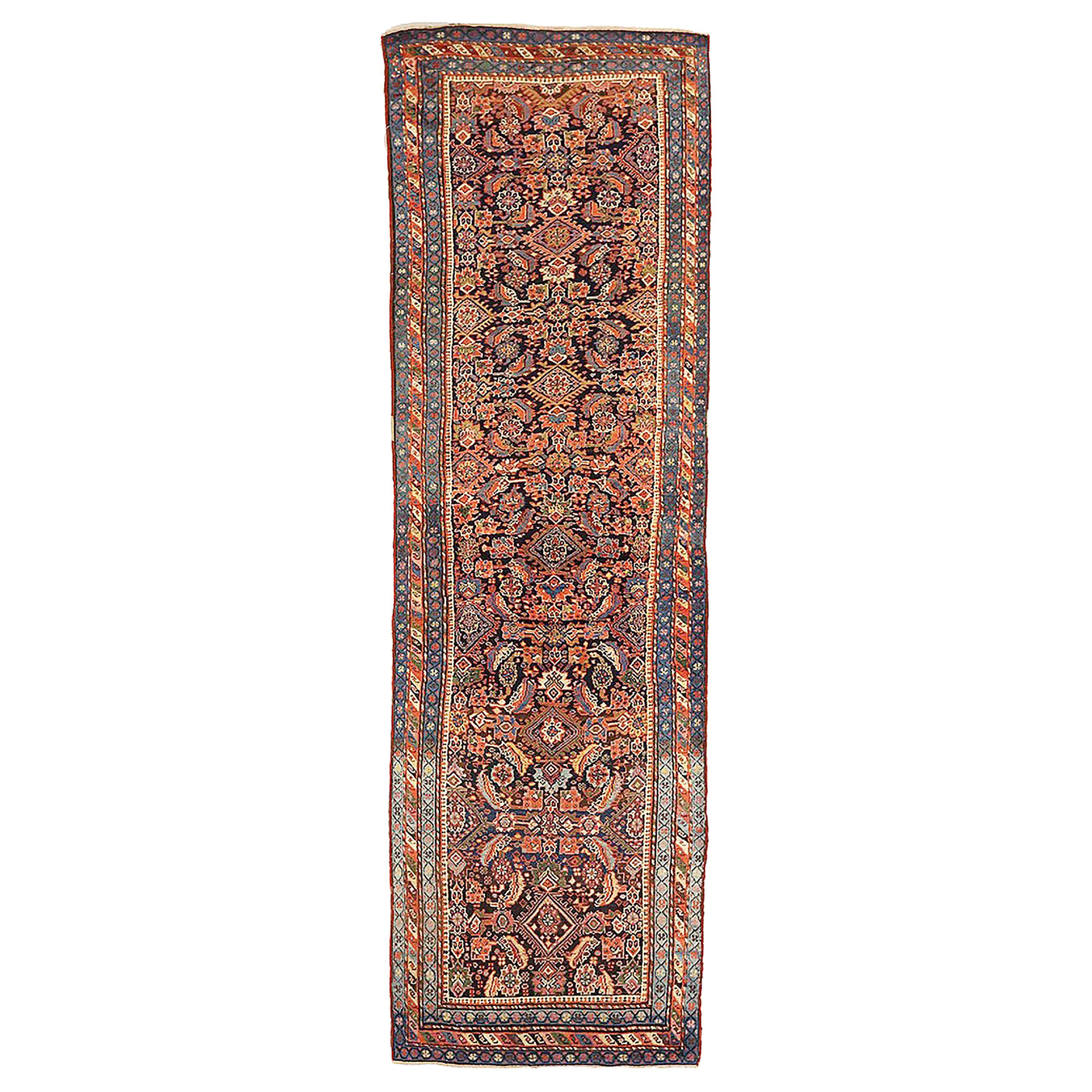Antique Persian Azerbaijan Runner Rug with Ivory and Blue Floral Details