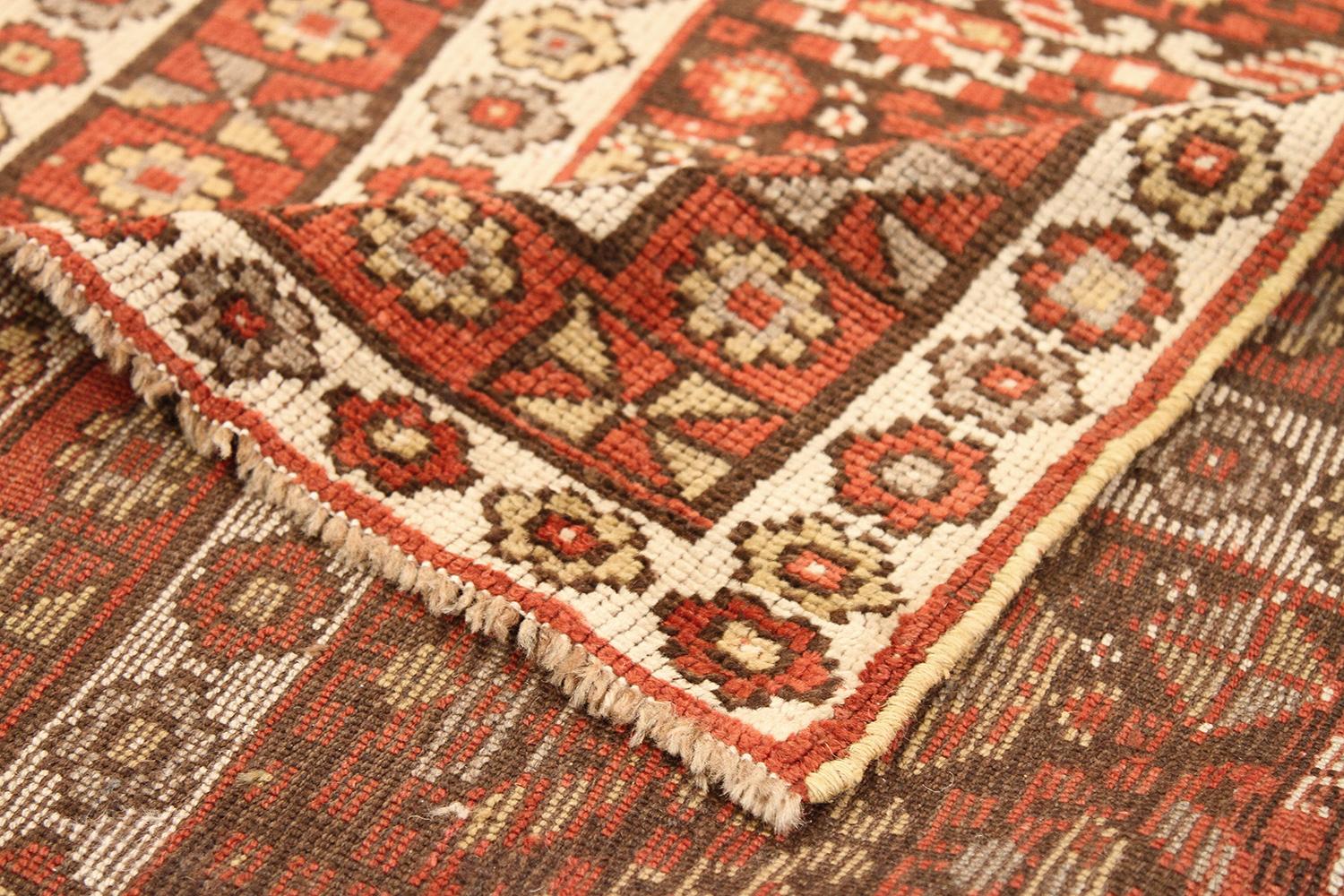 Tribal Antique Persian Azerbaijan Runner Rug with Red & Brown Botanical Motifs All-Over For Sale