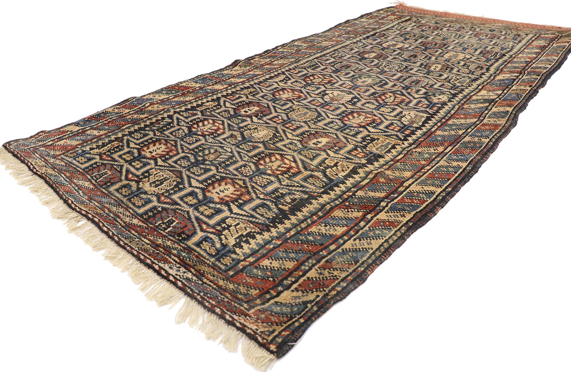 60946 Antique Persian Azerbaijan runner with boteh and barber pole 03'04 x 07'01. With rustic charm and timeless appeal in an earthy-inspired colorway, this hand knotted wool antique Persian Azerbaijan rug runner can beautifully blend modern,