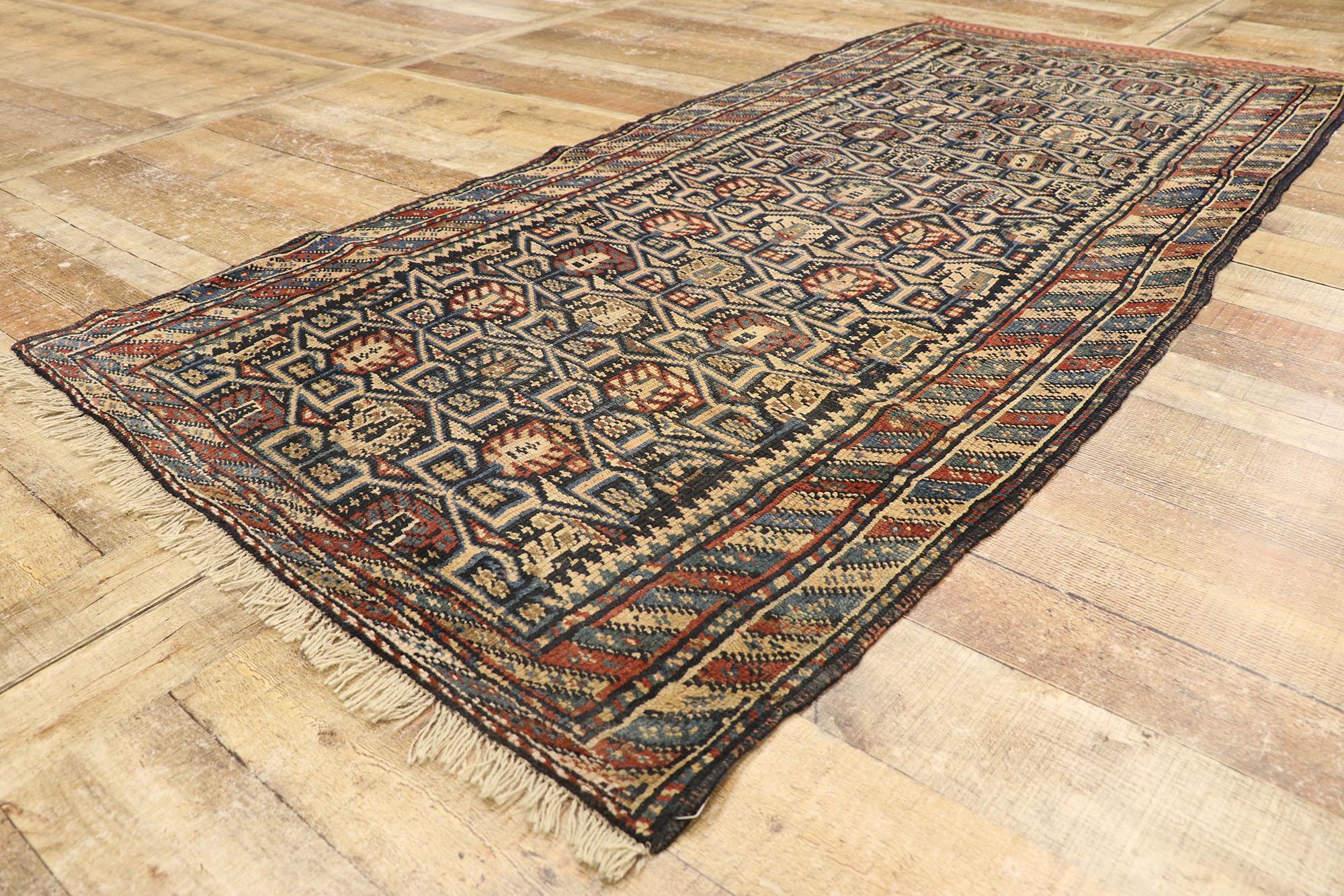Hand-Knotted Antique Persian Azerbaijan Runner with Boteh and Barber Pole For Sale