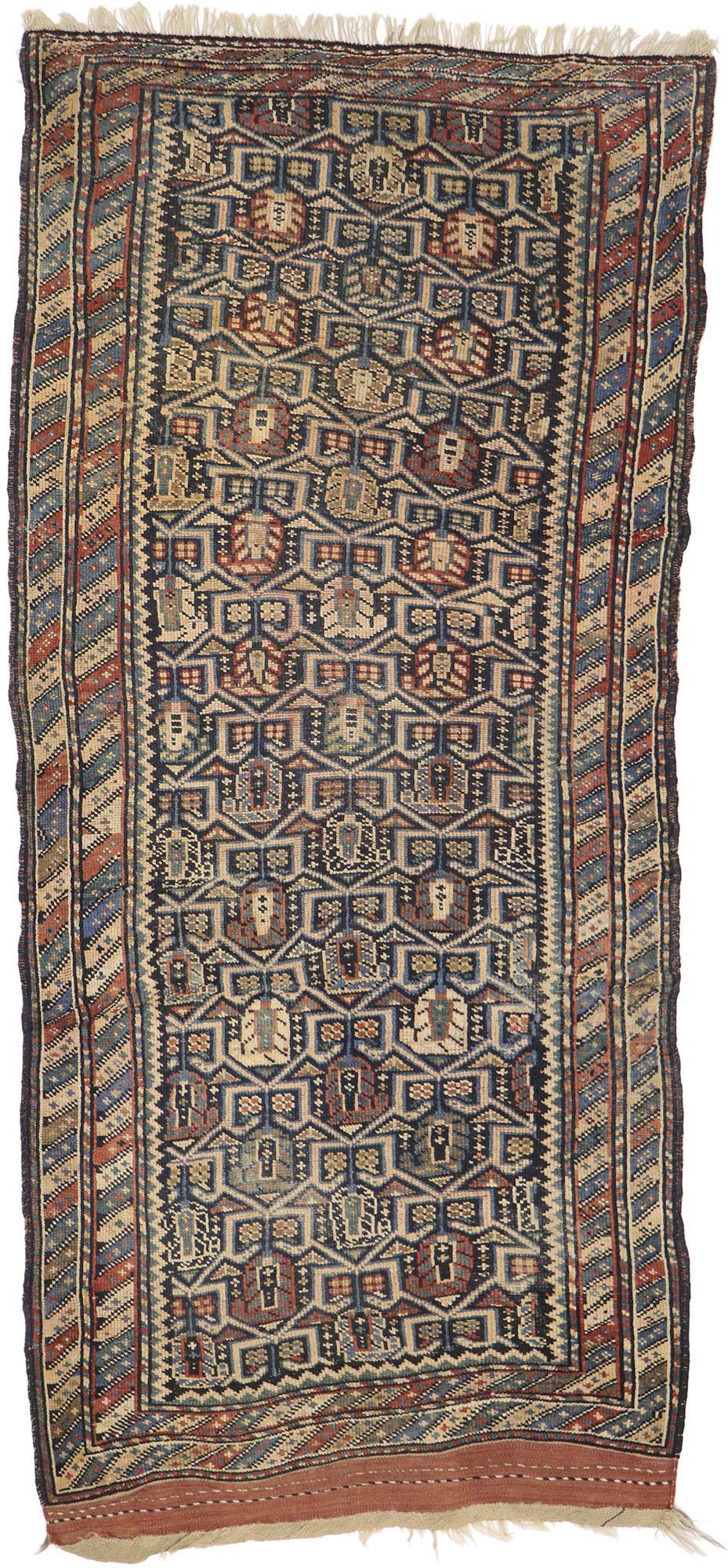 Wool Antique Persian Azerbaijan Runner with Boteh and Barber Pole For Sale