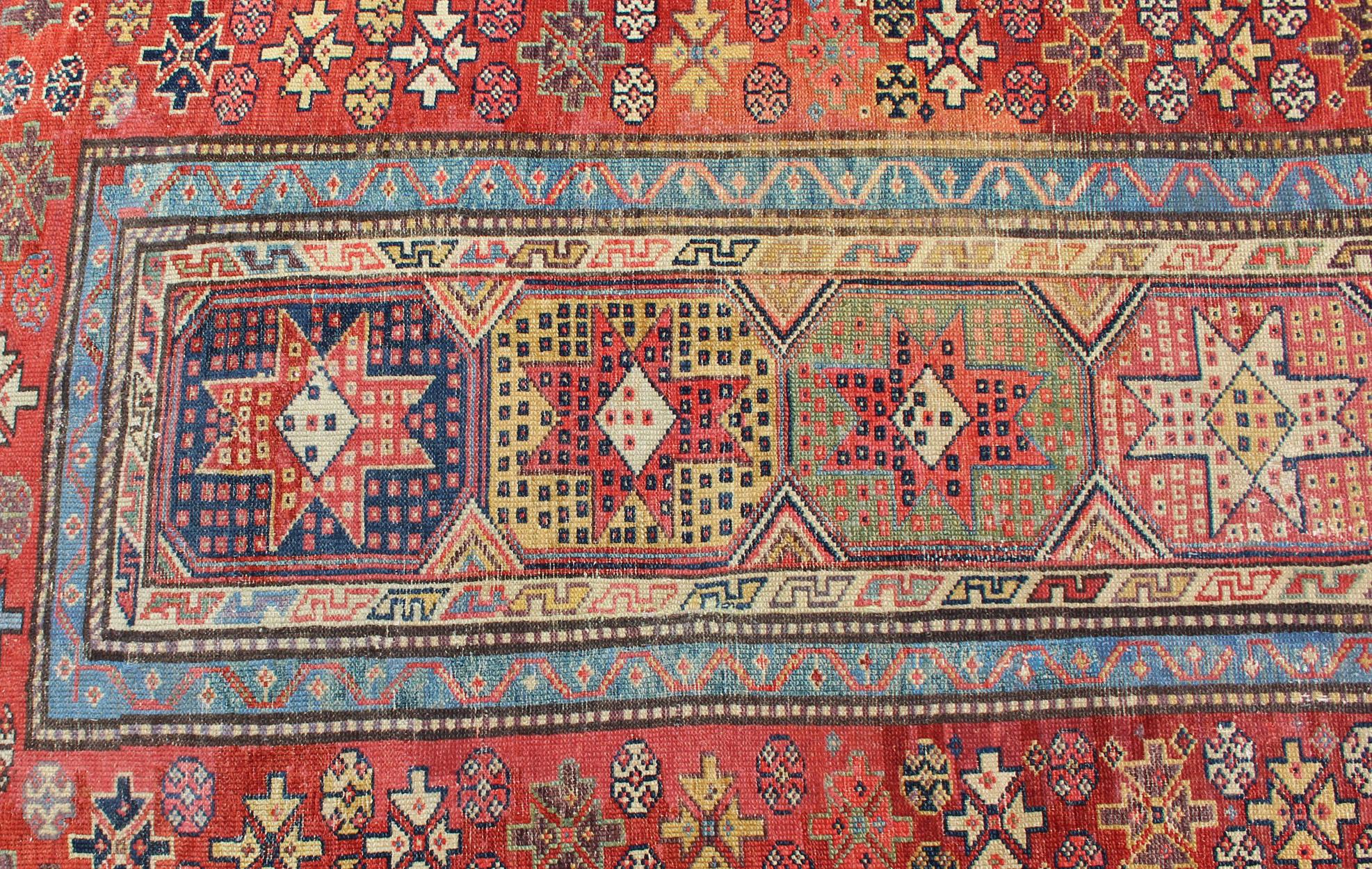 Antique Persian Kazak Runner with Medallions in Red, Blue, and Yellow For Sale 3