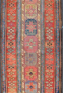 Antique Persian Kazak Runner with Medallions in Red, Blue, and Yellow