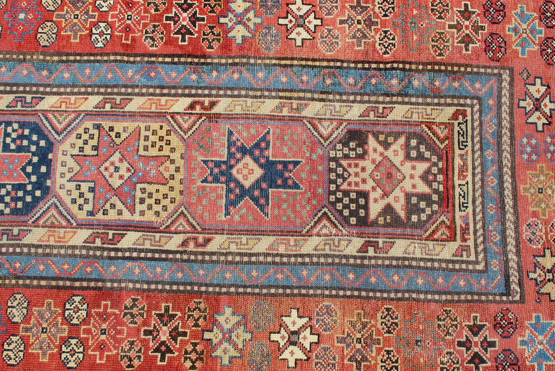 Antique Persian Kazak Runner with Medallions in Red, Blue, and Yellow For Sale 2