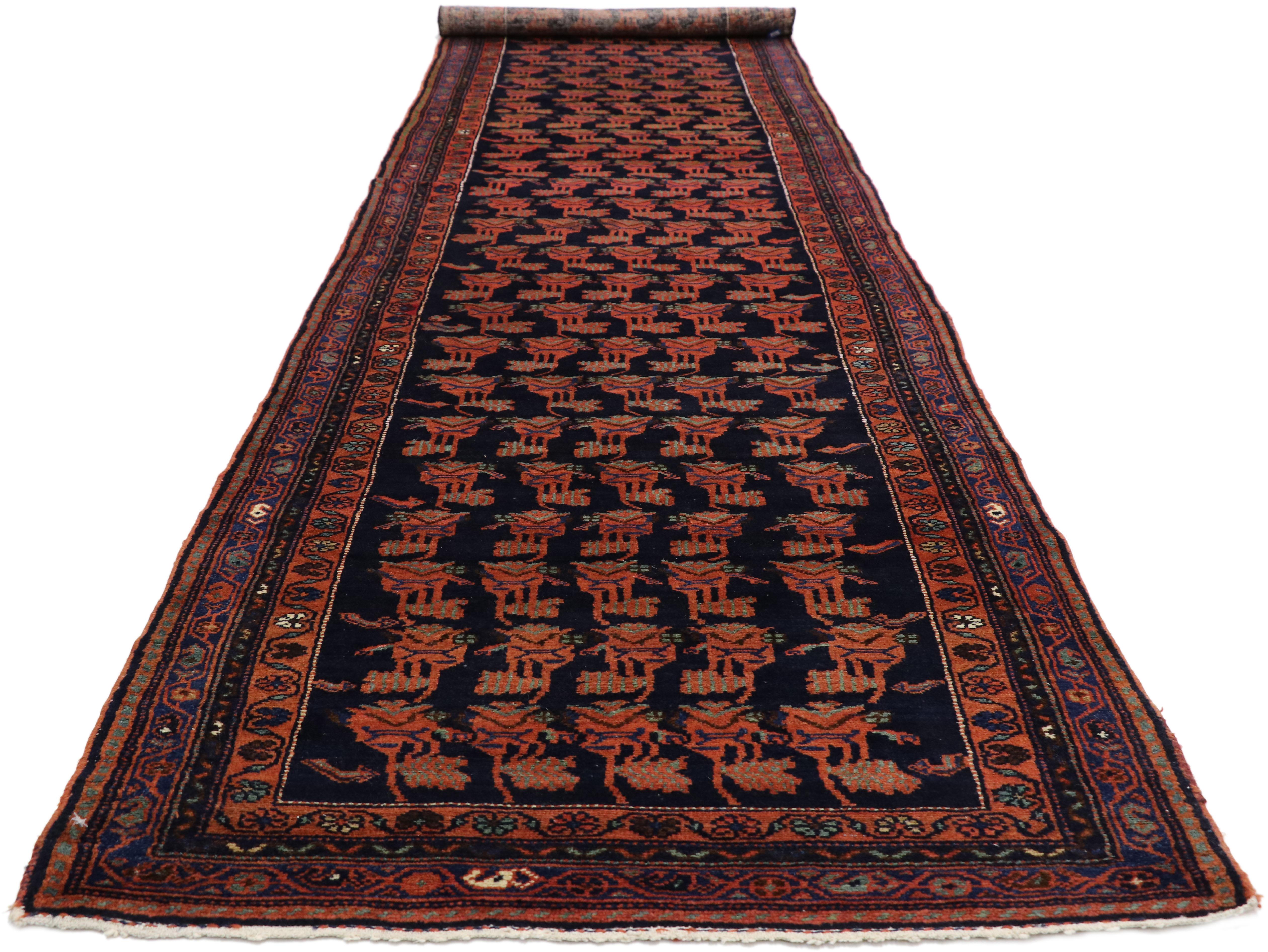 Hand-Knotted Antique Persian Azerbaijan Runner with Modern Federal Style For Sale