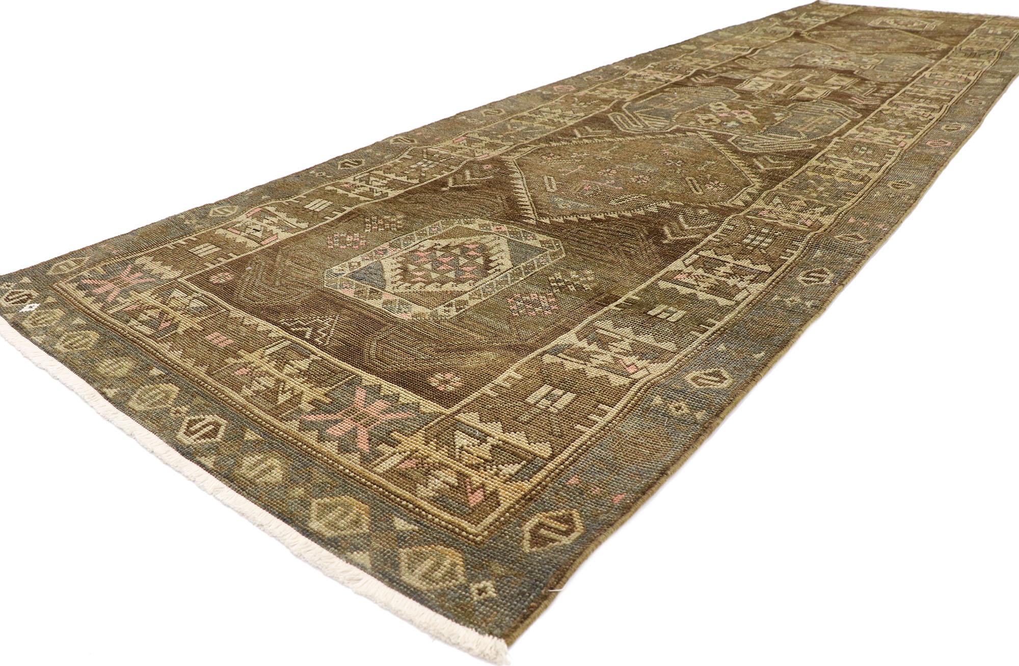 60950 Antique Persian Azerbaijan runner with Modern Tribal Style 03'10 x 13'10. Warm and inviting with a bold tribal design, yet subtle and conservative, this hand-knotted wool antique Persian Azerbaijan runner is poised to impress. The abrashed