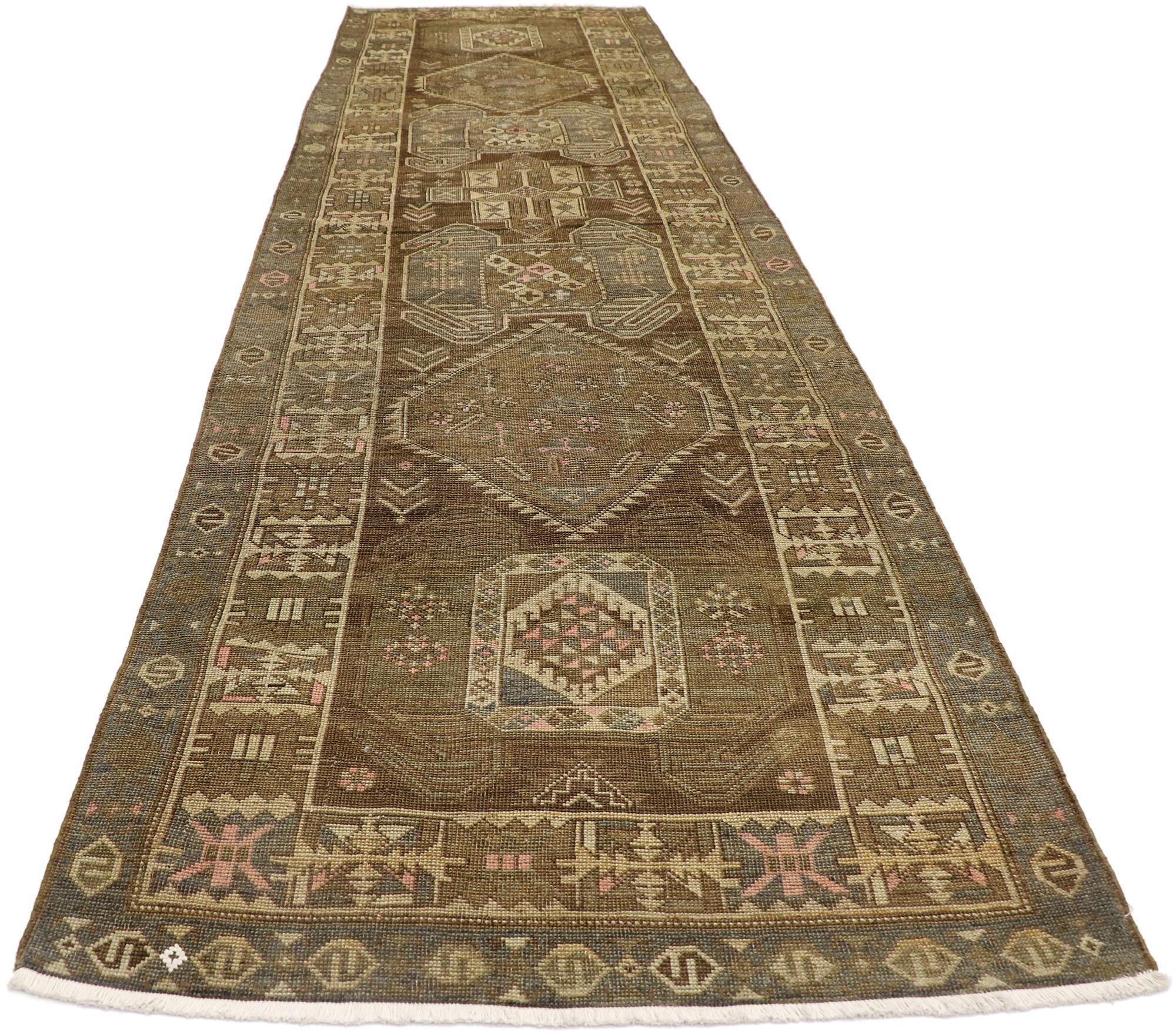 Hand-Knotted Antique Persian Azerbaijan Runner with Warm Tribal Style For Sale