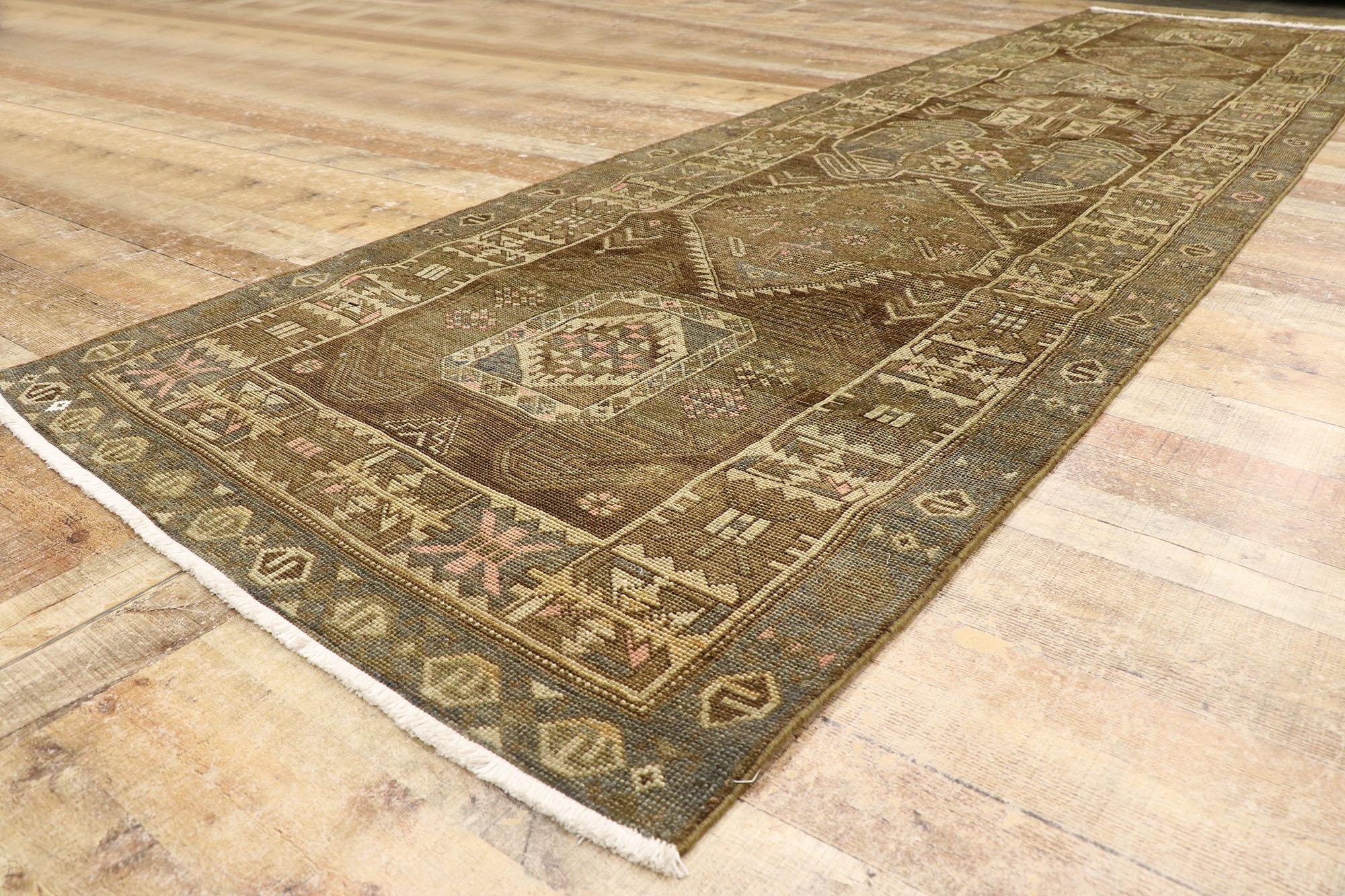 Wool Antique Persian Azerbaijan Runner with Warm Tribal Style For Sale