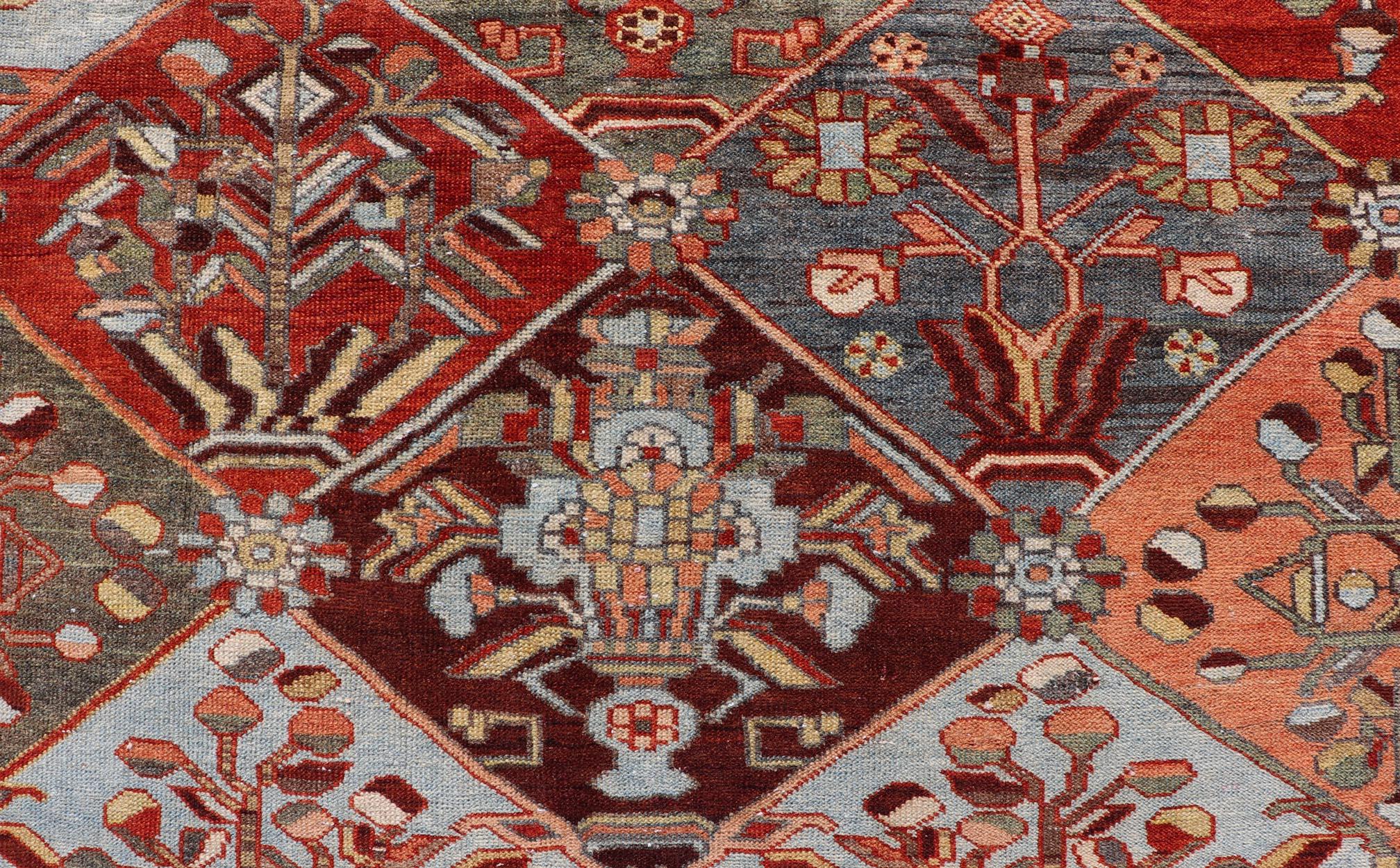 Malayer Antique Persian Bakhitari Colorful Rug in All-Over Diamond Garden Design  For Sale