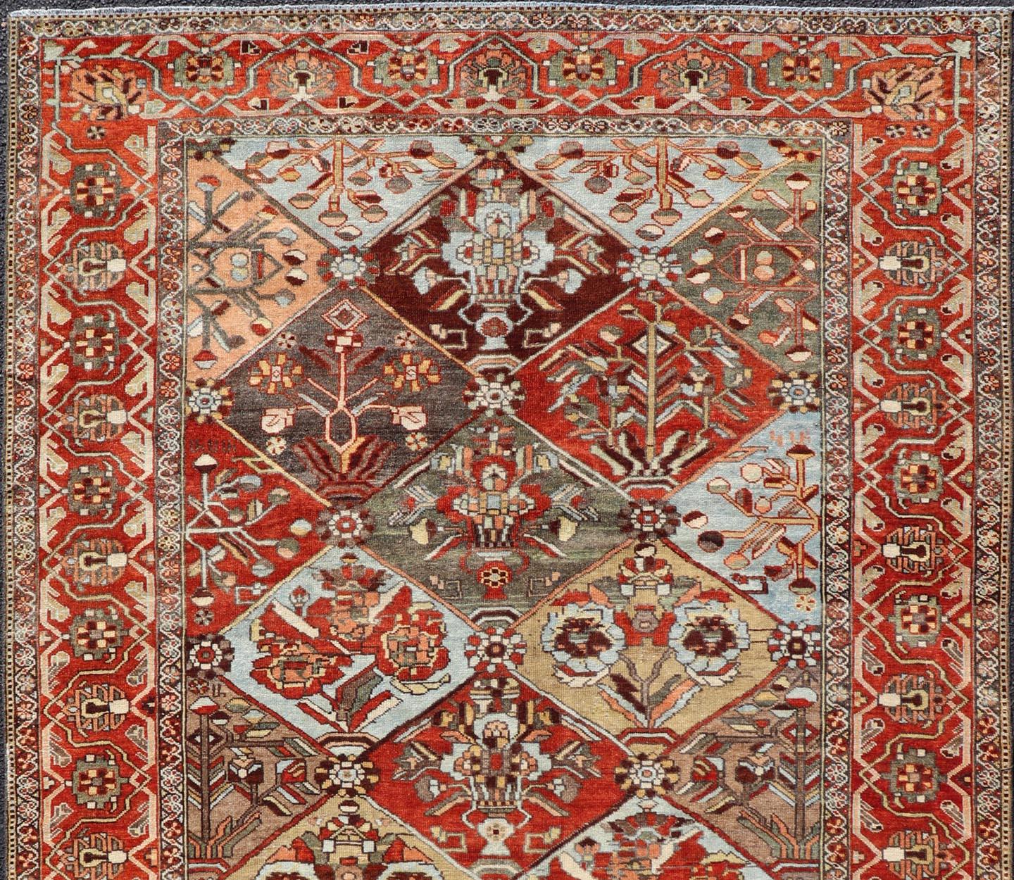 Hand-Knotted Antique Persian Bakhitari Colorful Rug in All-Over Diamond Garden Design  For Sale