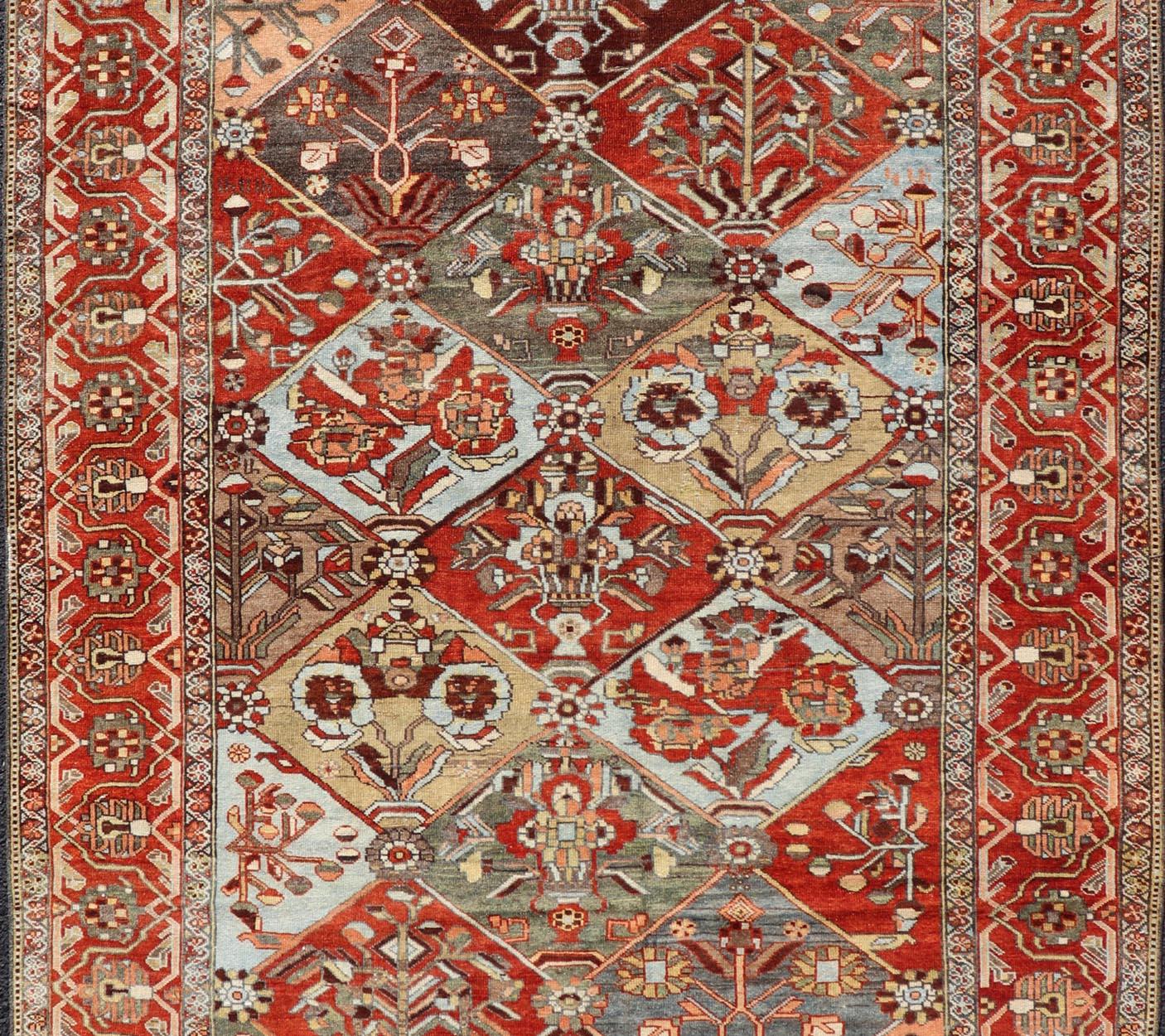 Antique Persian Bakhitari Colorful Rug in All-Over Diamond Garden Design  In Good Condition For Sale In Atlanta, GA