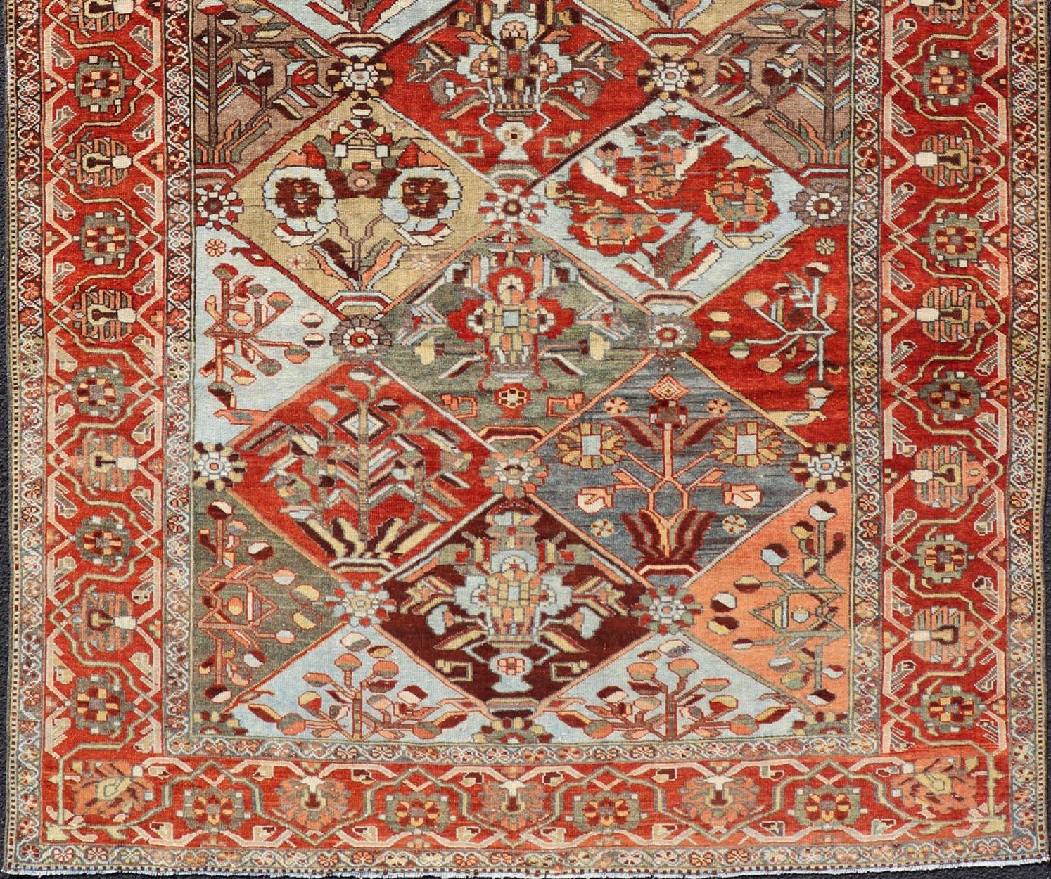 20th Century Antique Persian Bakhitari Colorful Rug in All-Over Diamond Garden Design  For Sale