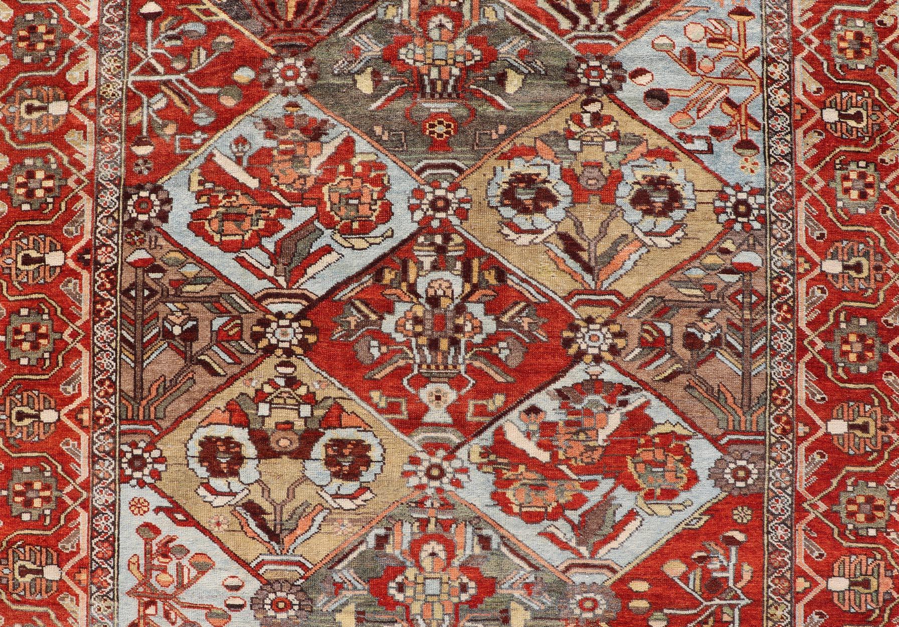 Antique Persian Bakhitari Colorful Rug in All-Over Diamond Garden Design  For Sale 2