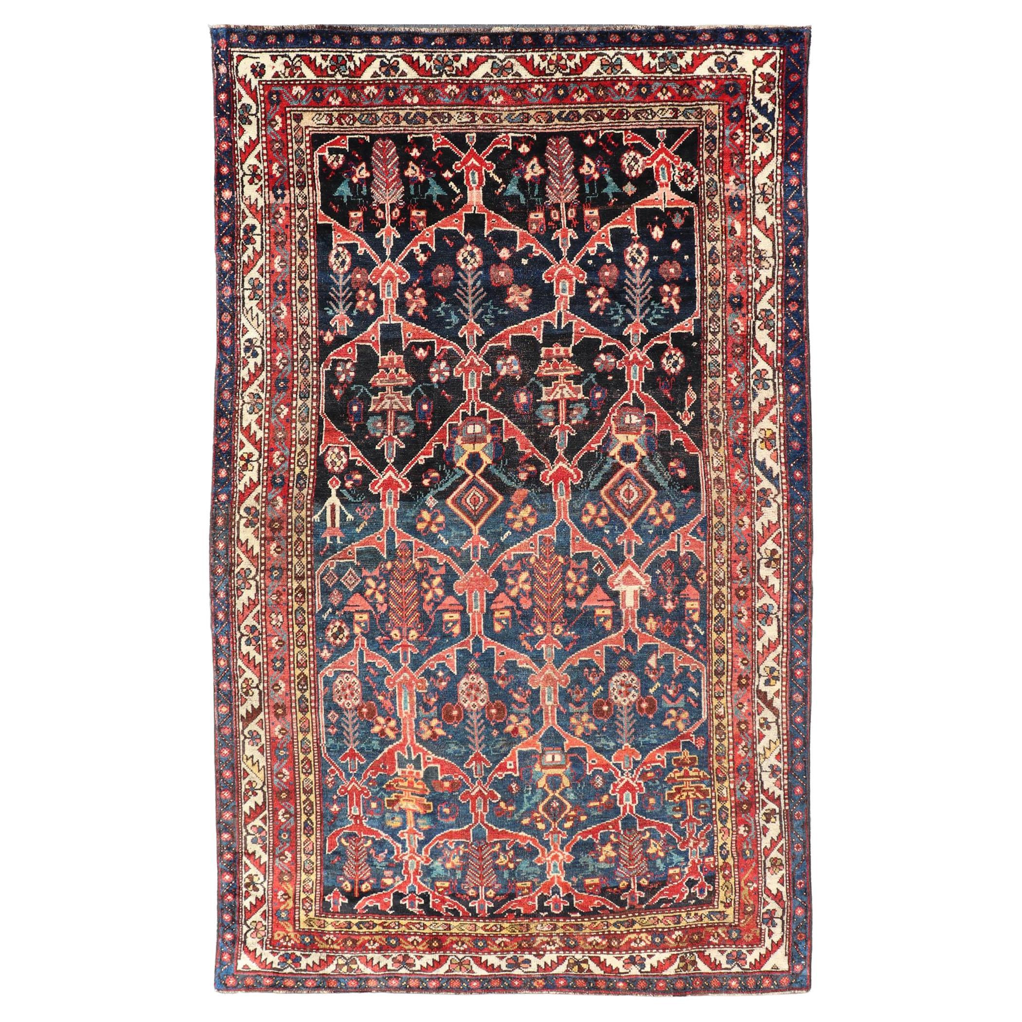 Antiker persischer Bakhitari-Teppich mit buntem, geblümtem Medaillon-Design 
