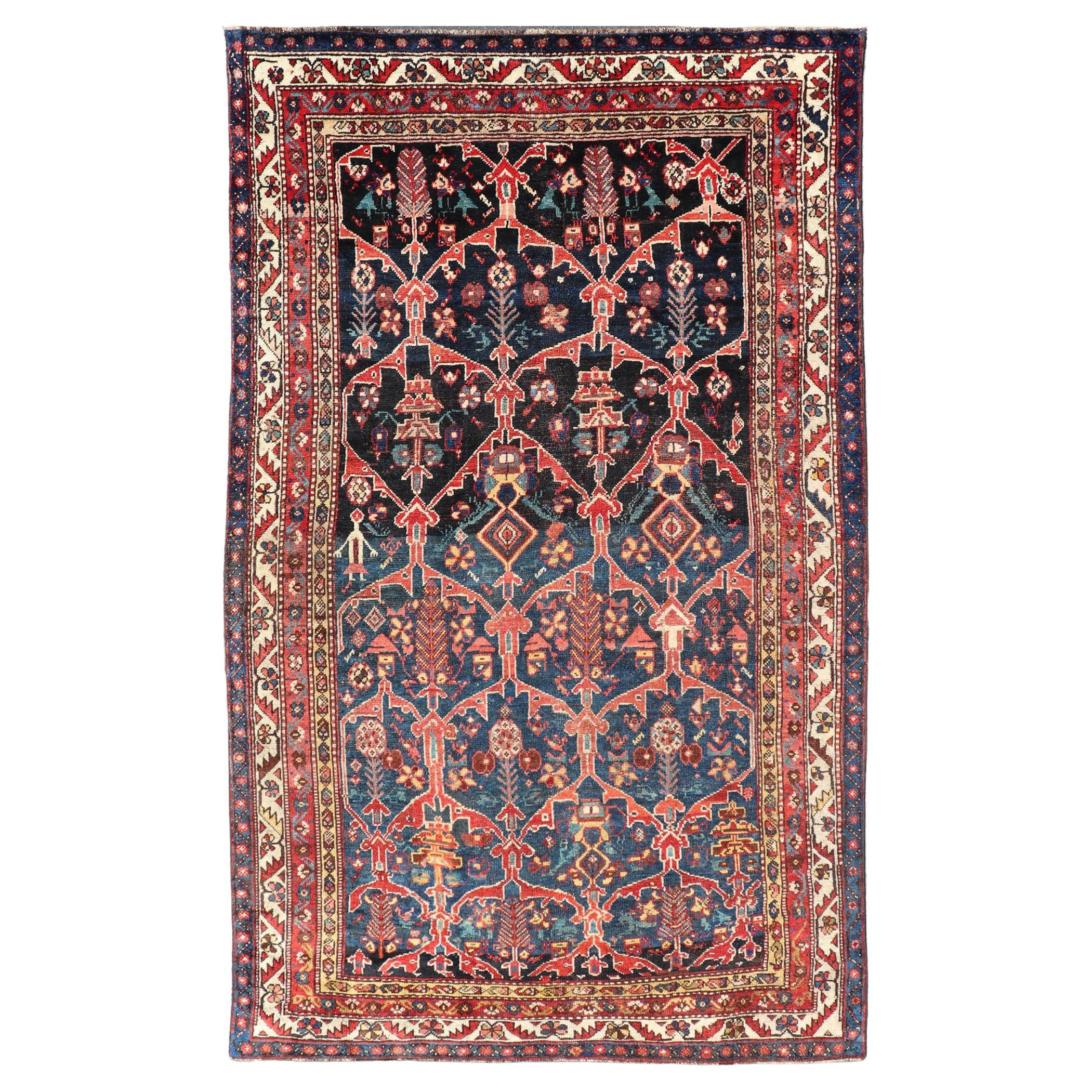 Antique Persian Bakhitari Colorful Rug with All-Over Floral Medallion Design