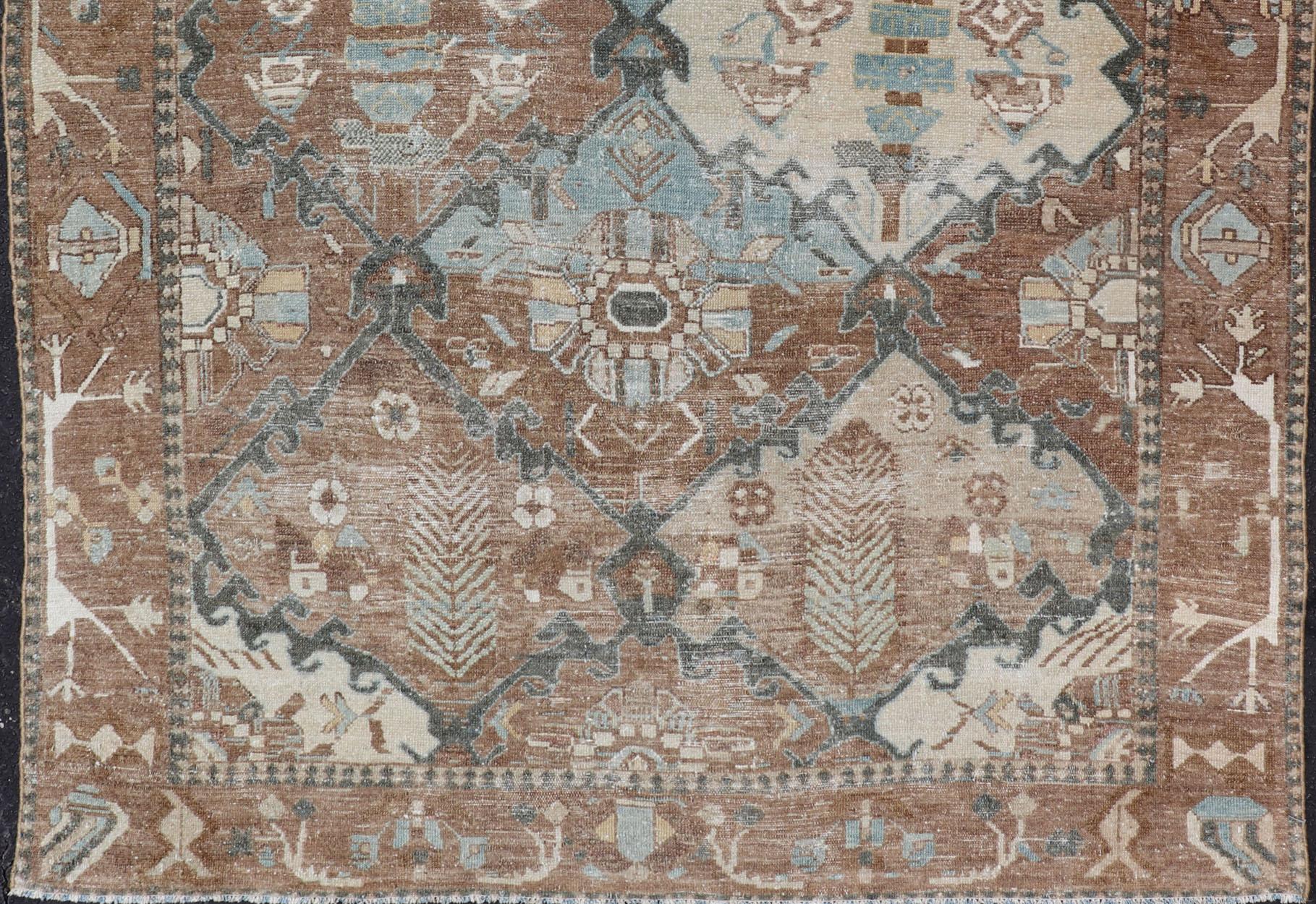 Hand-Knotted Antique Persian Bakhitari Rug with All-Over Patten in Earthy and Brown Tones