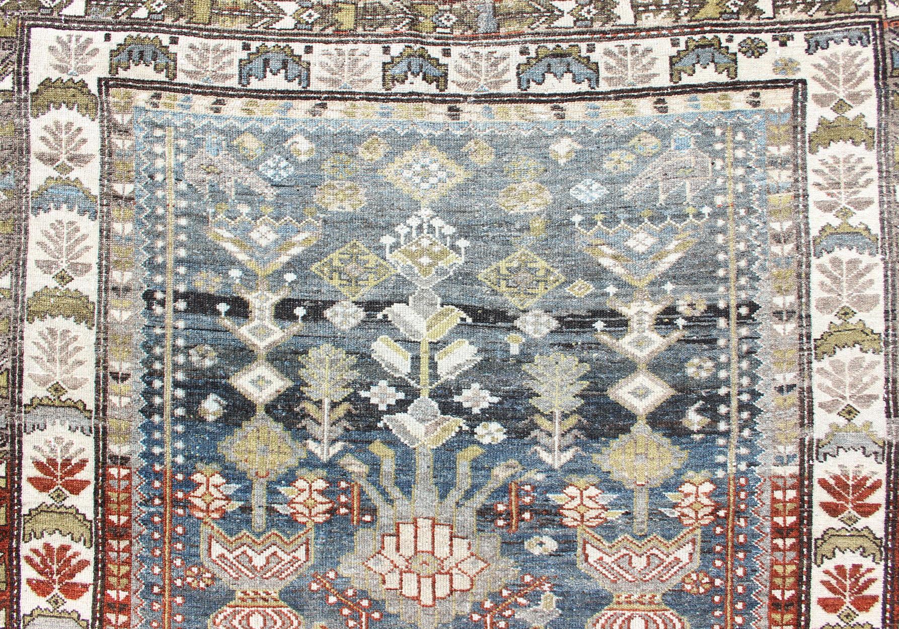  Antique Persian Bakhitari Rug with All-Over Patten in Steel Blue Background In Good Condition For Sale In Atlanta, GA