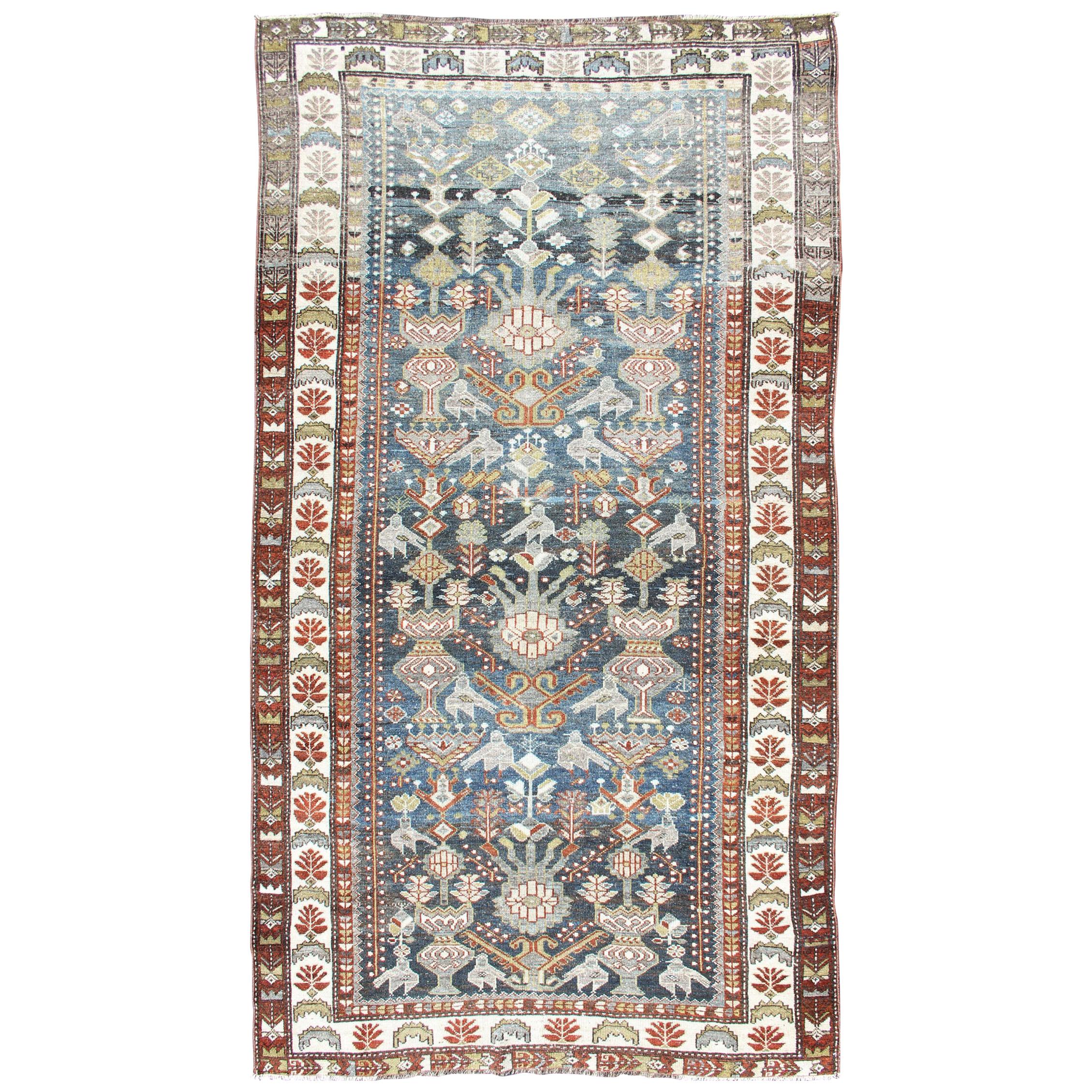  Antique Persian Bakhitari Rug with All-Over Patten in Steel Blue Background