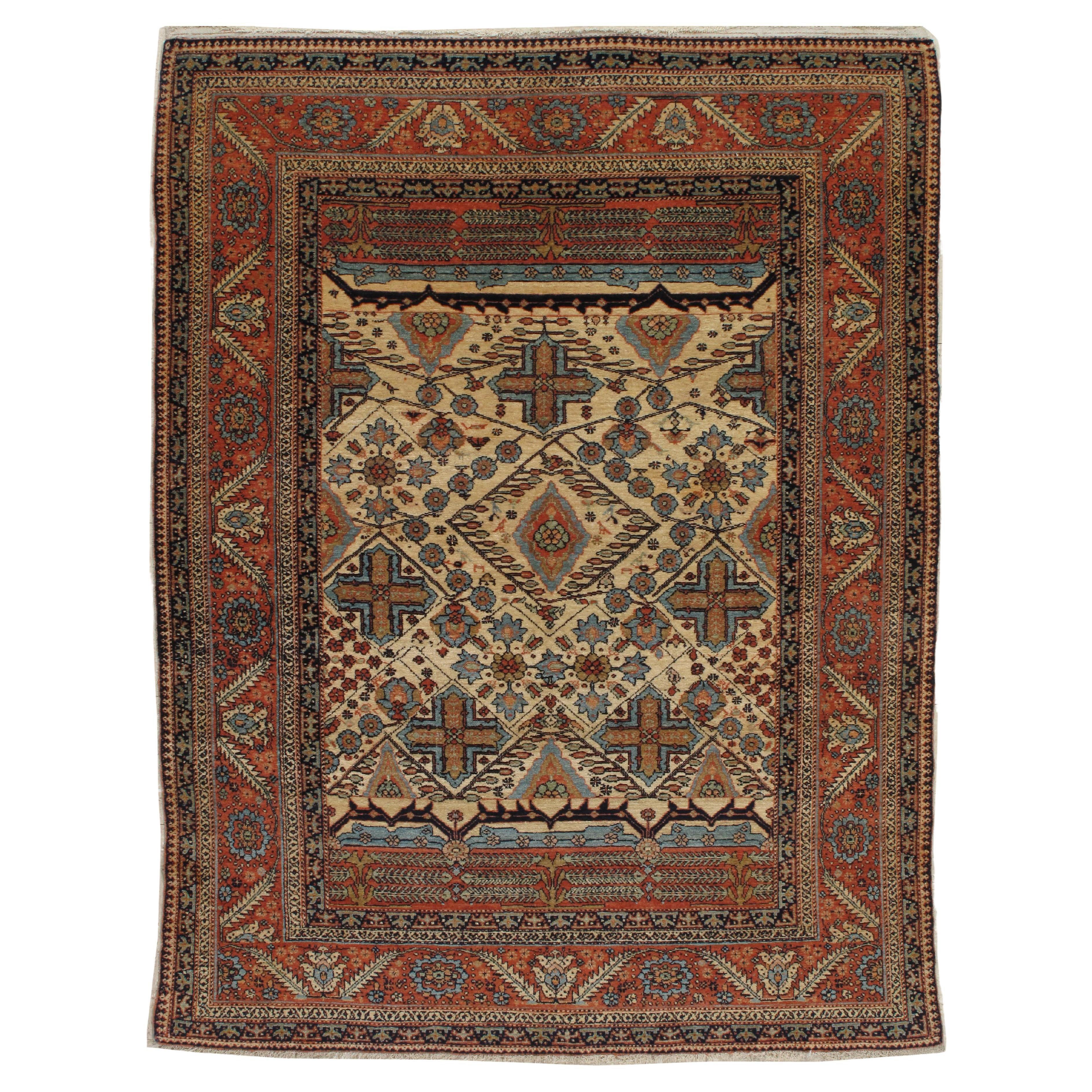 Antique Persian Bakhshaish Carpet, Handmade Wool Rug, Ivory and Rust For Sale