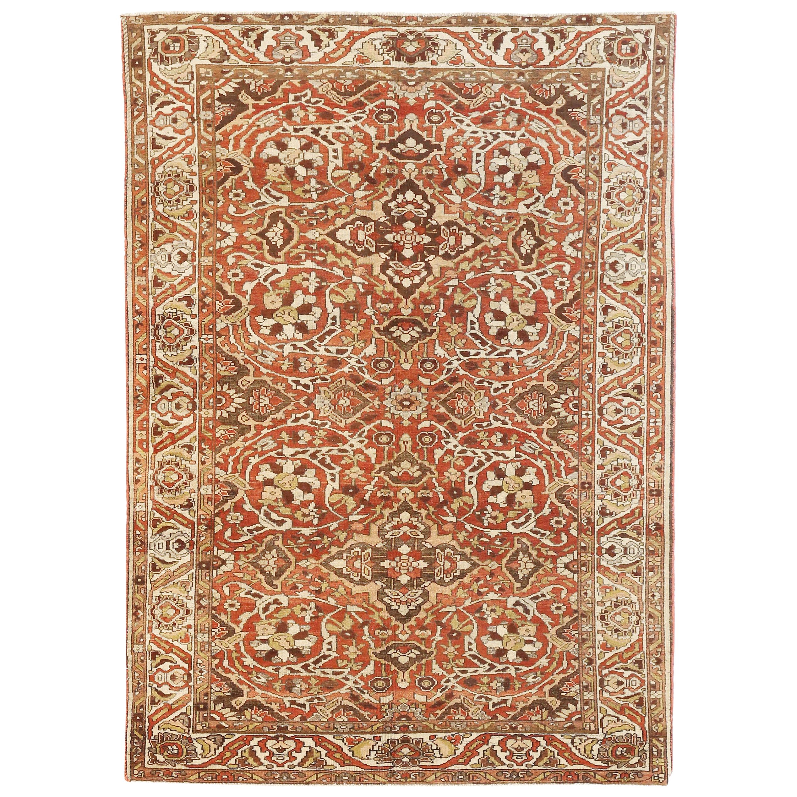 Antique Persian Bakhtiar Rug with Brown & Red Floral Field