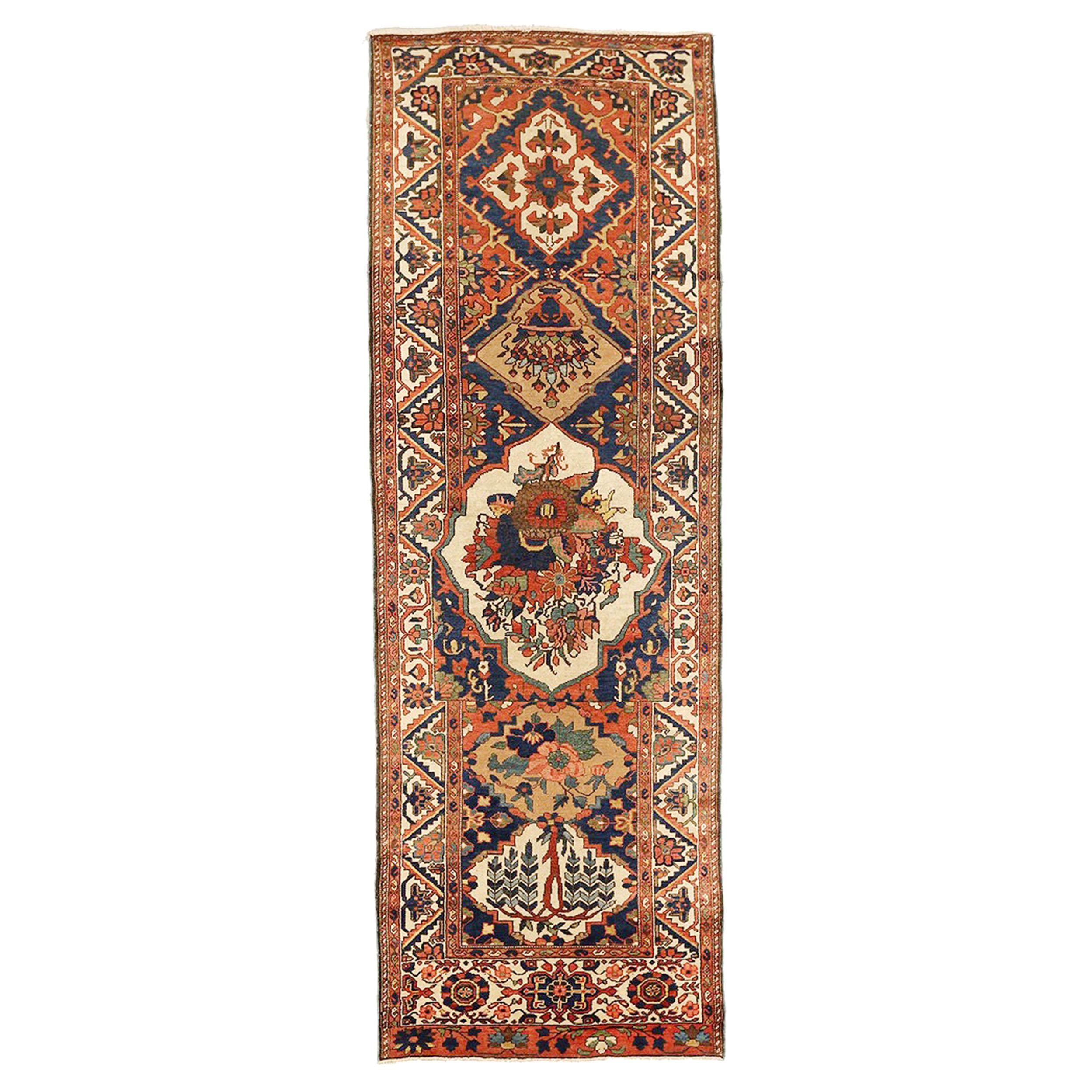 Antique Persian Bakhtiar Rug with Floral Portrait Details on Black & Ivory Field For Sale