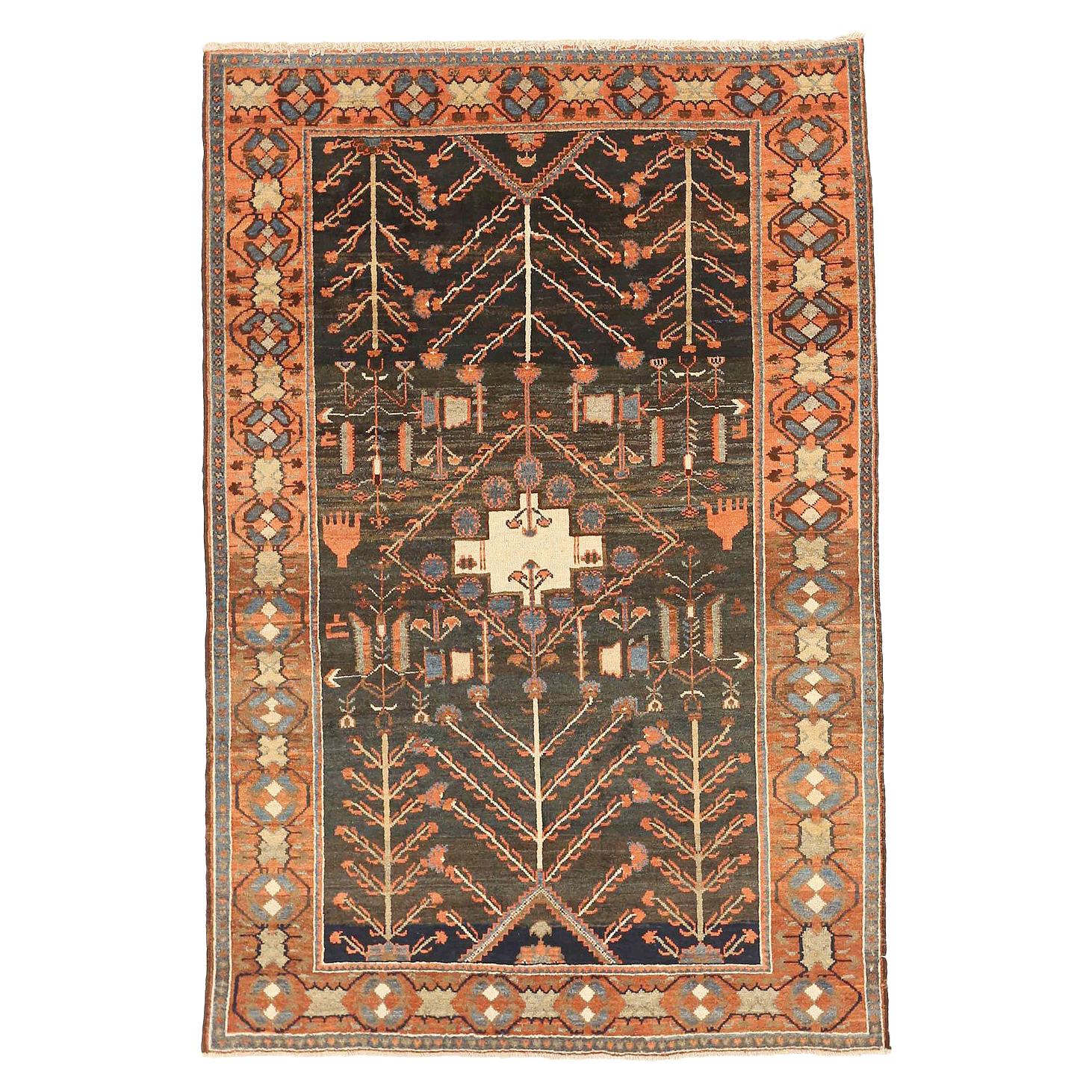 Antique Persian Bakhtiar Rug with Gray and Red Floral Details on Black Field For Sale