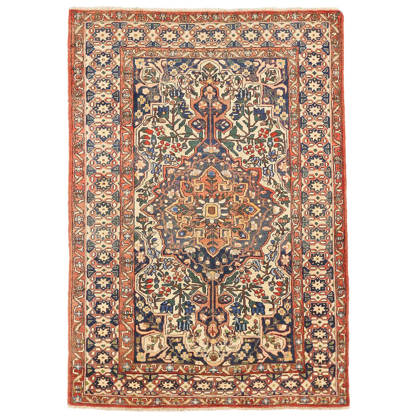 Antique Persian Bakhtiar Rug with Green and Blue Floral Details on Ivory Field