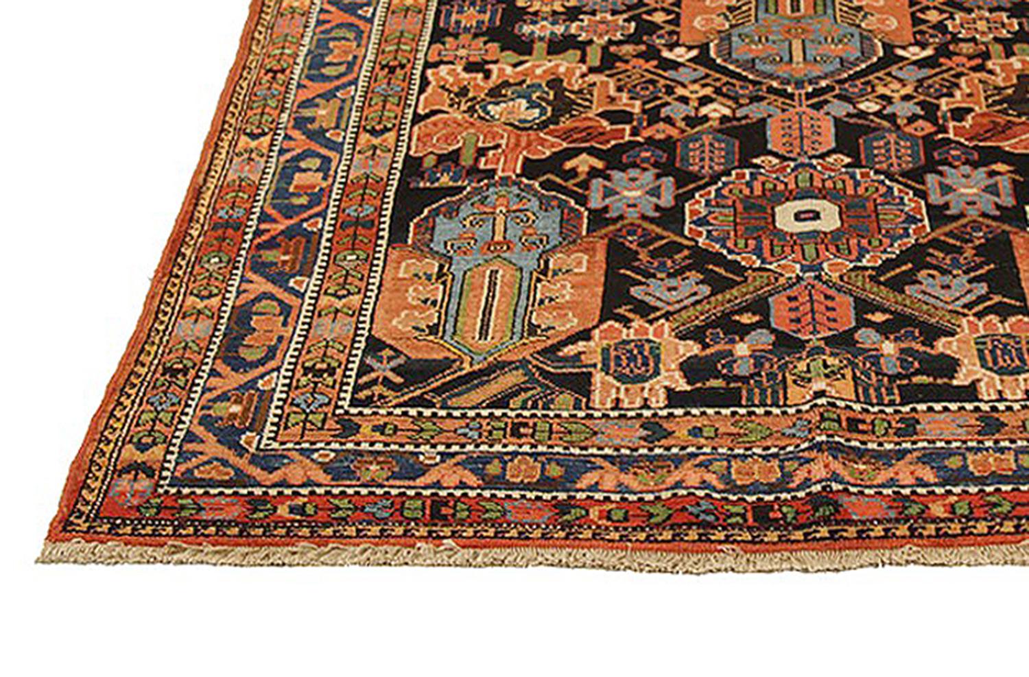 Hand-Woven Antique Persian Bakhtiar Rug with Large Blue and Orange Floral Medallions For Sale