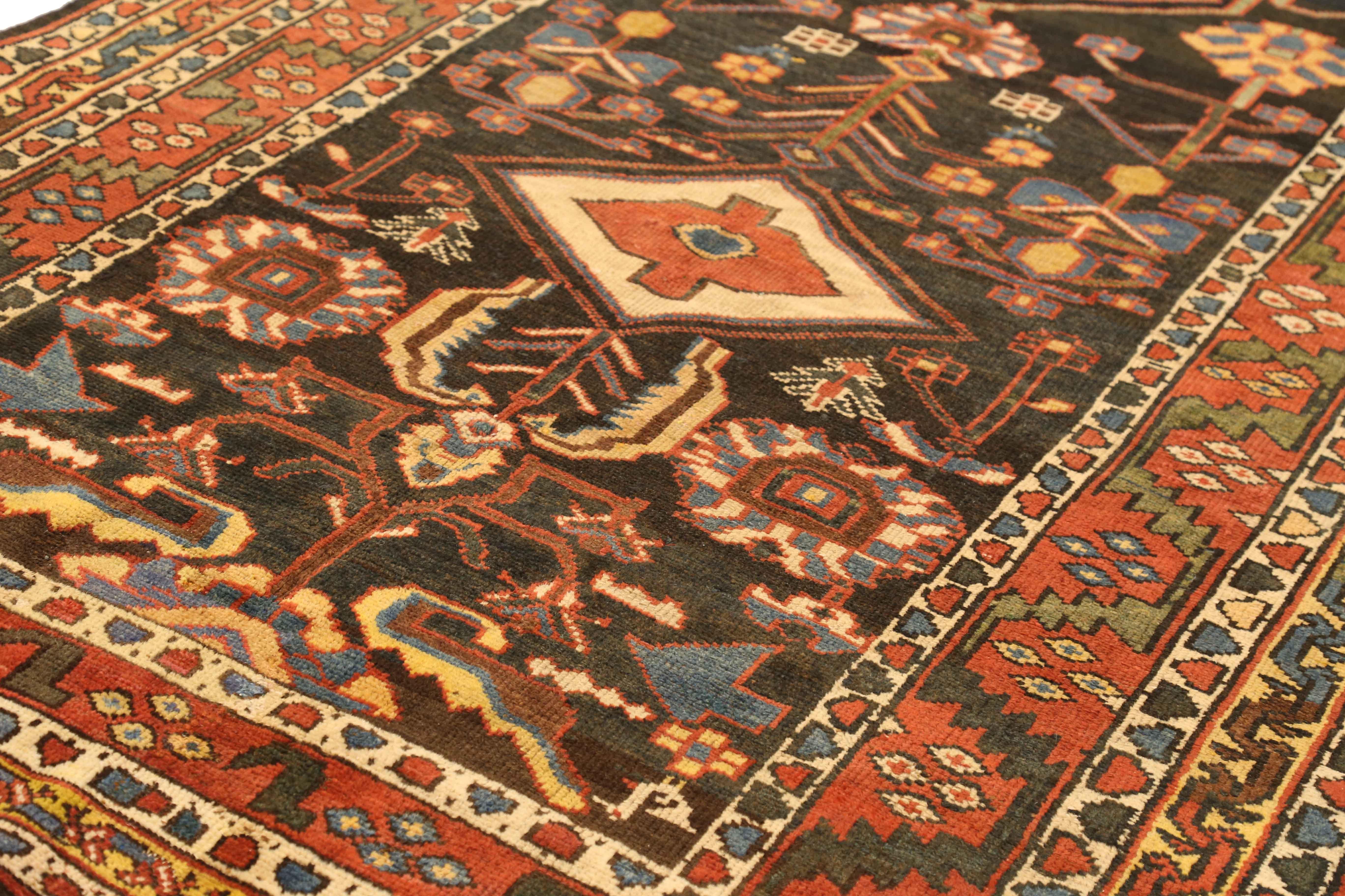 Oushak Antique Persian Bakhtiar Rug with Red, Blue and Ivory Diamond Central Medallions For Sale
