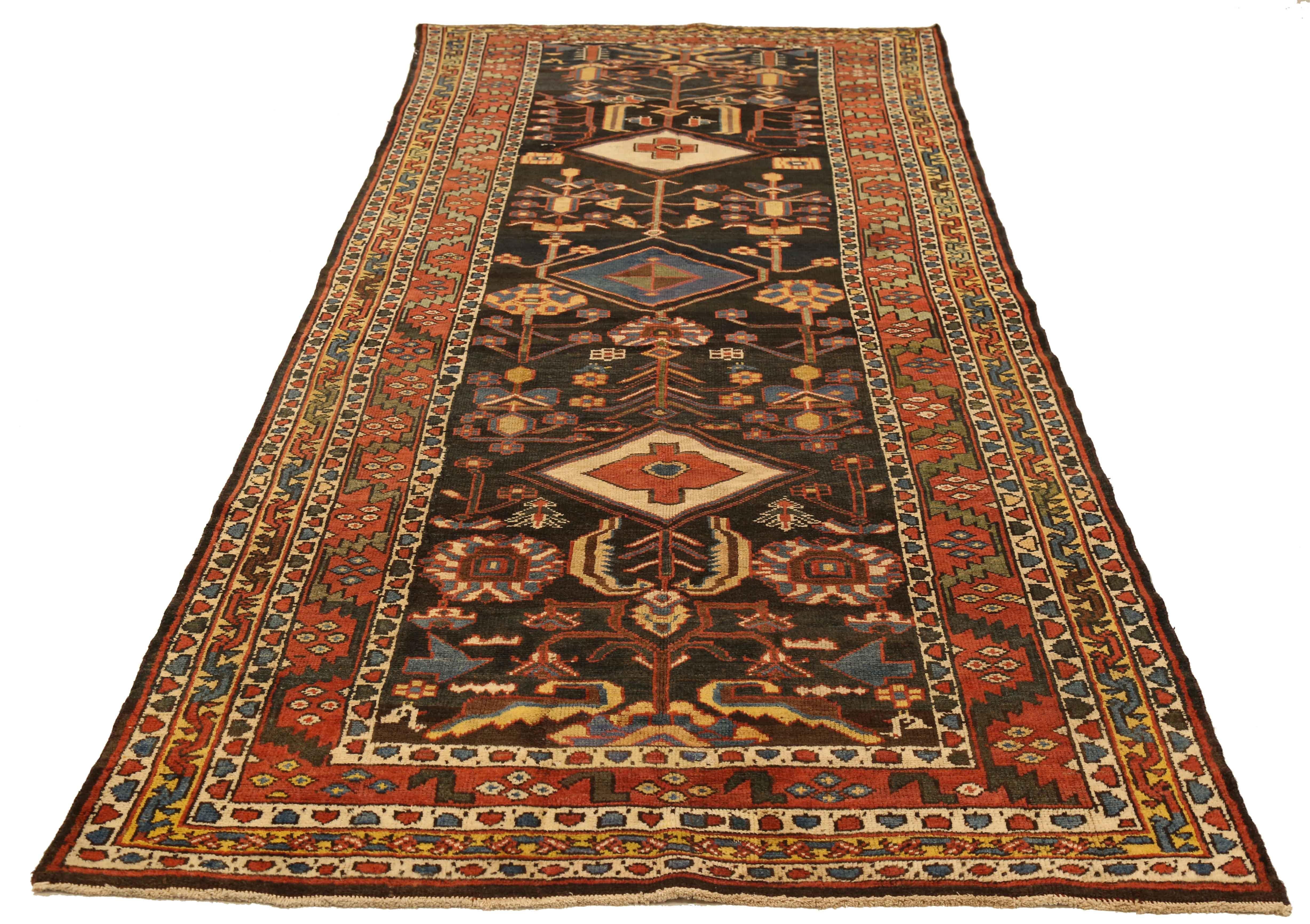 Hand-Woven Antique Persian Bakhtiar Rug with Red, Blue and Ivory Diamond Central Medallions For Sale