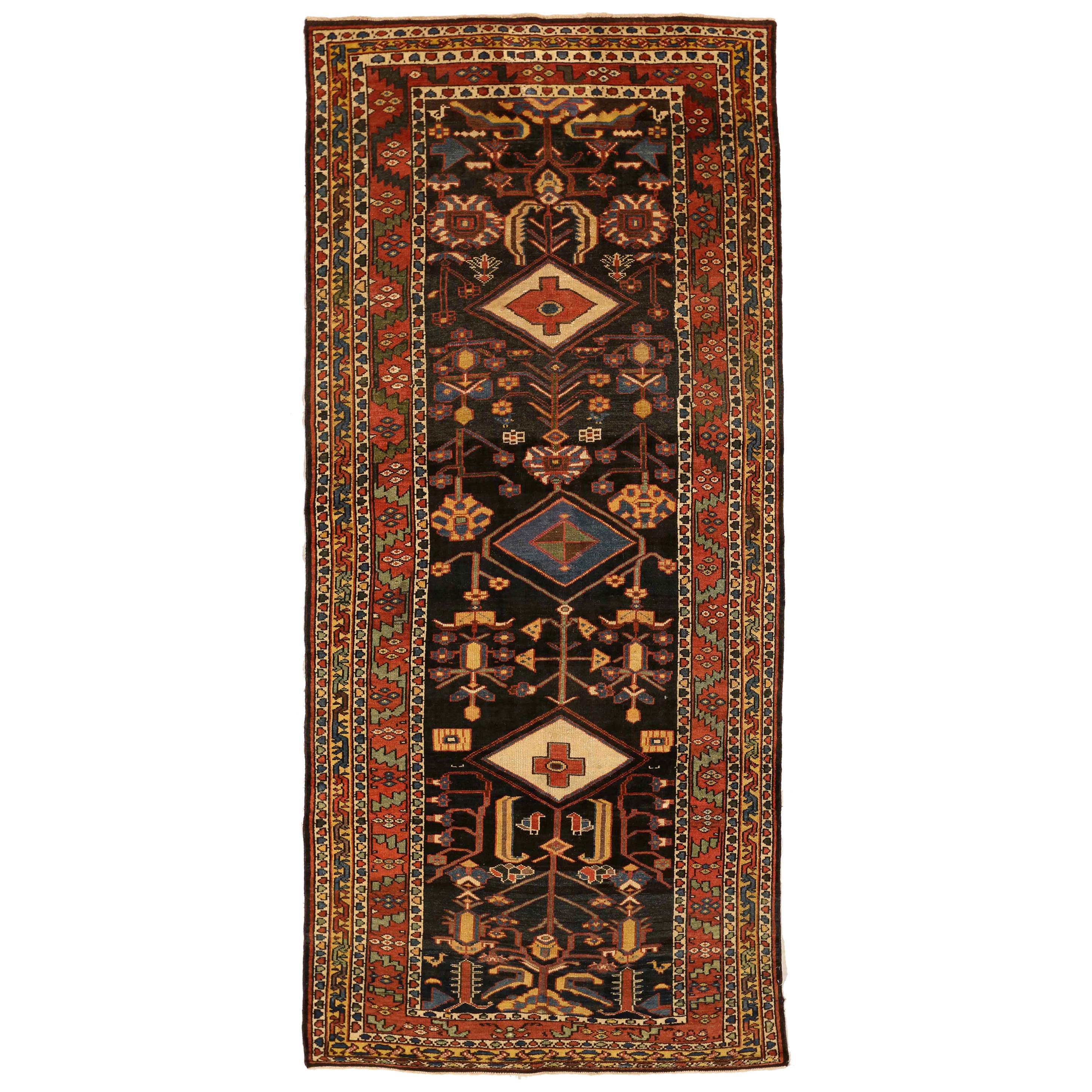 Antique Persian Bakhtiar Rug with Red, Blue and Ivory Diamond Central Medallions