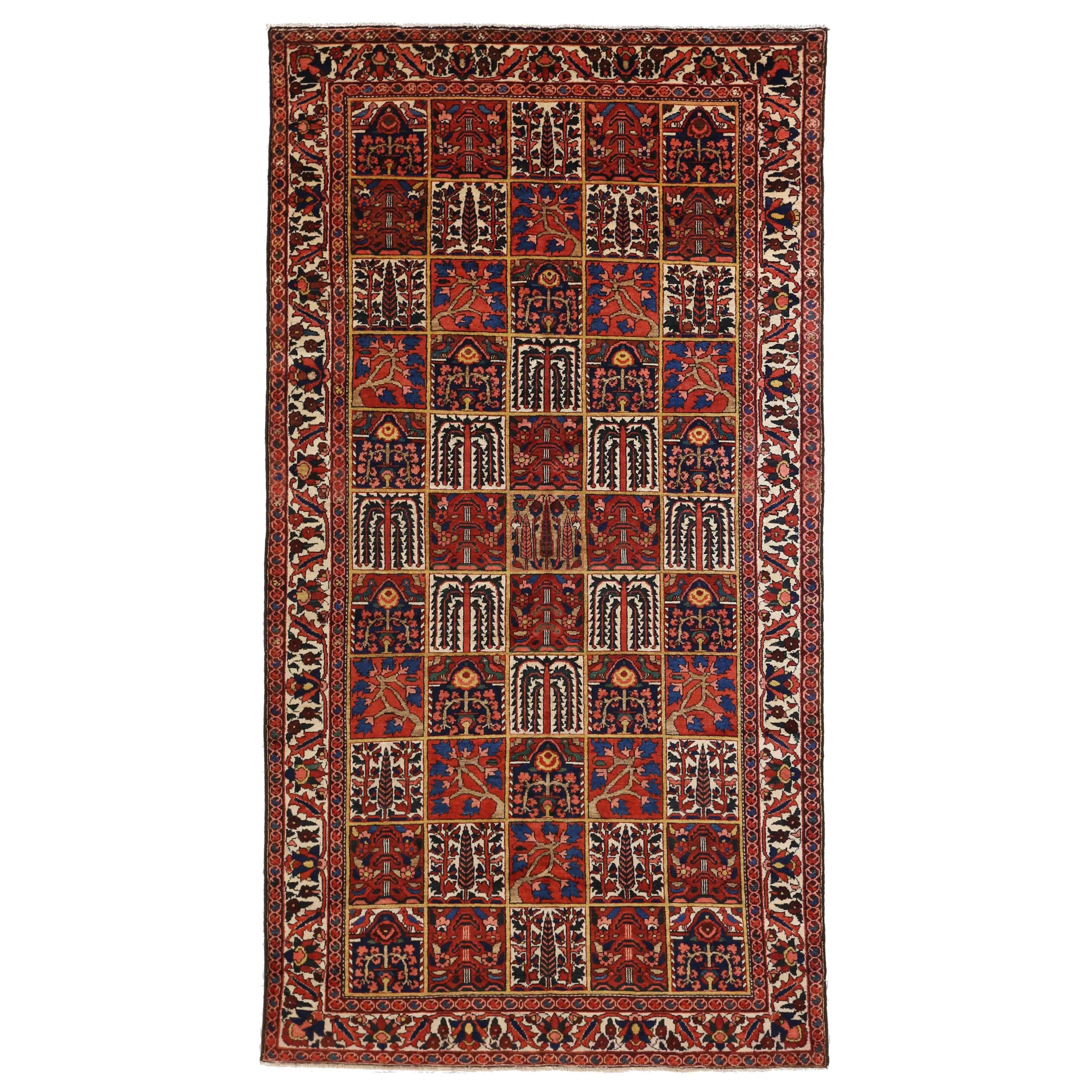 Antique Persian Bakhtiar Rug with Red, Blue and White Floral Tile Details For Sale
