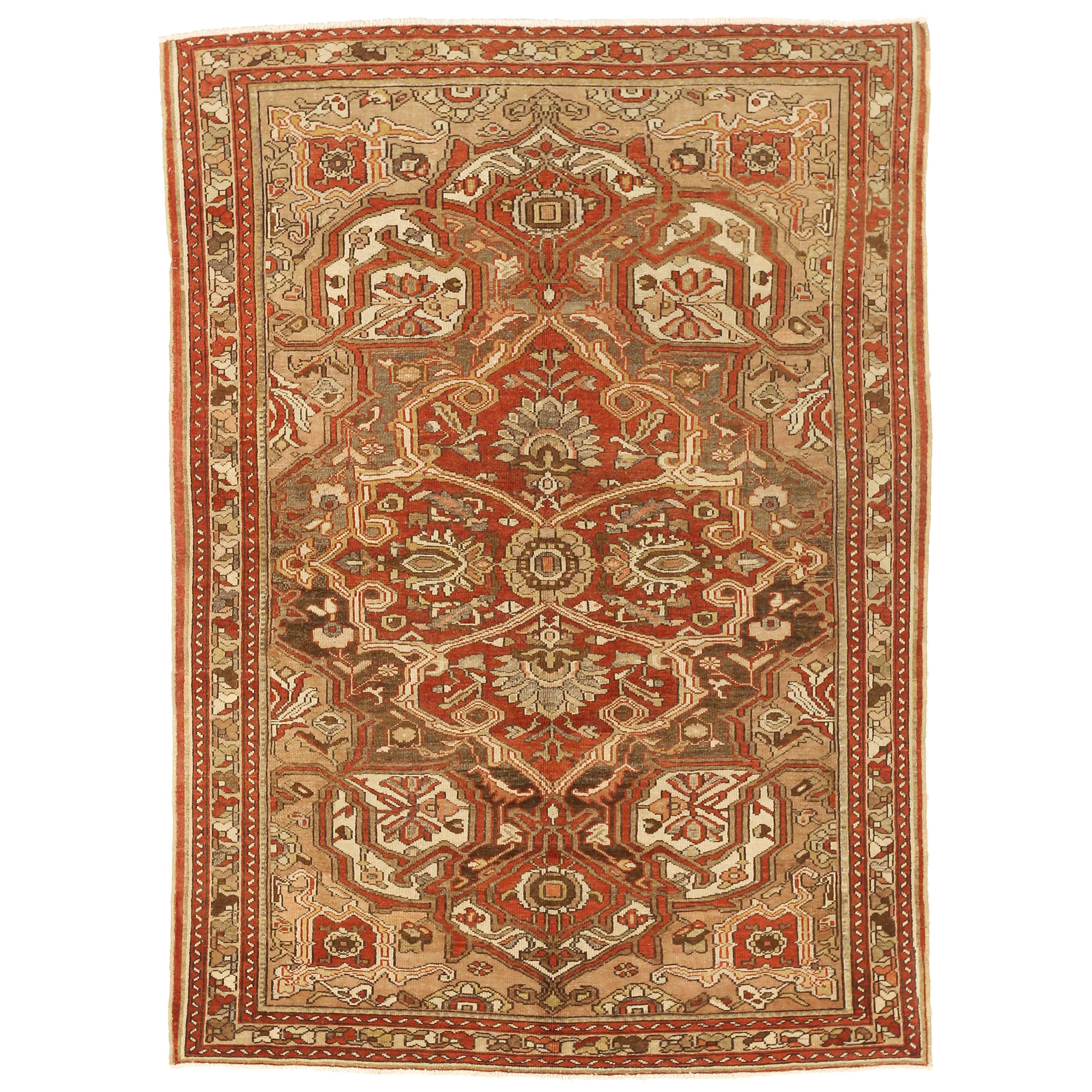 Antique Persian Bakhtiar Rug with Red and Brown Floral Medallion on Center Field