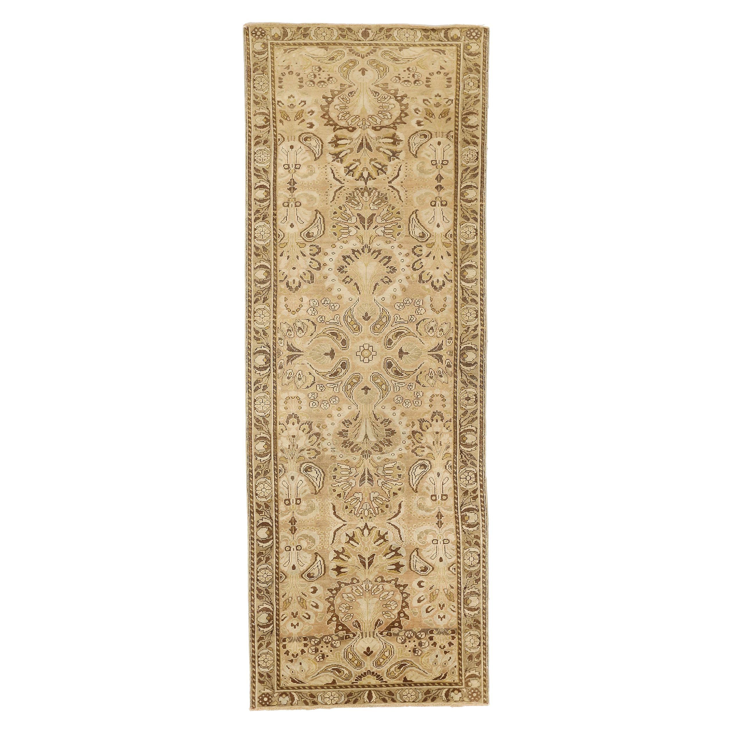 Antique Persian Bakhtiar Runner Rug with Brown and Ivory Botanical Details