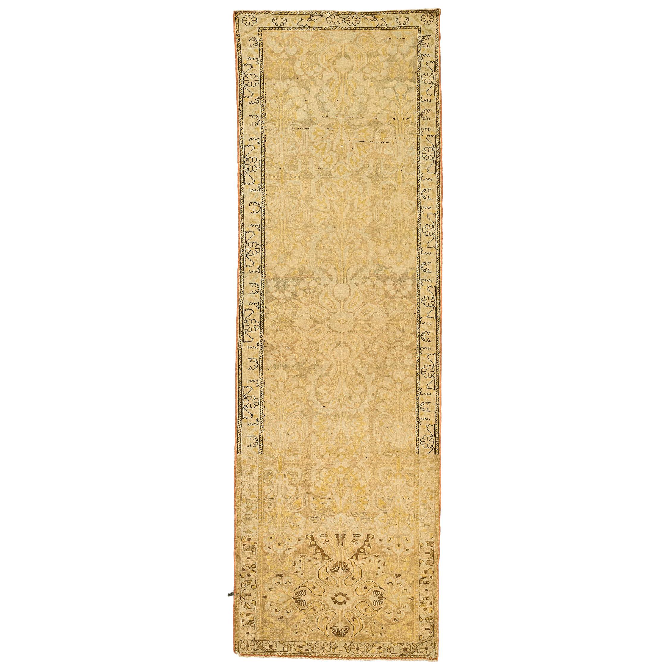 Antique Persian Bakhtiar Runner Rug with Brown and Ivory Botanical Details