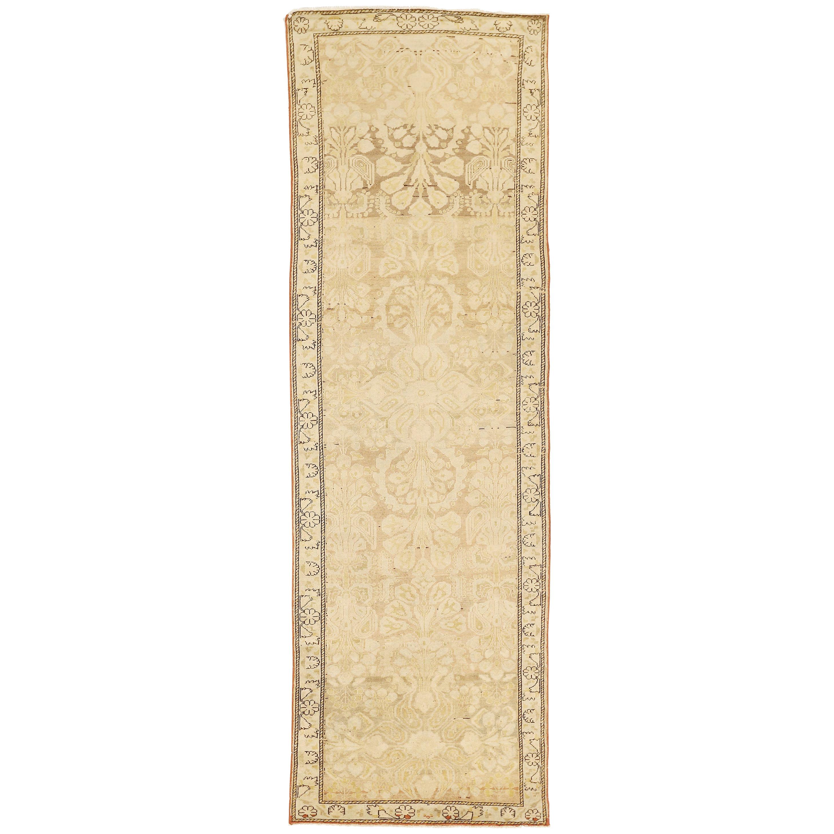 Antique Persian Bakhtiar Runner Rug with Faded Floral Details in Brown and Ivory
