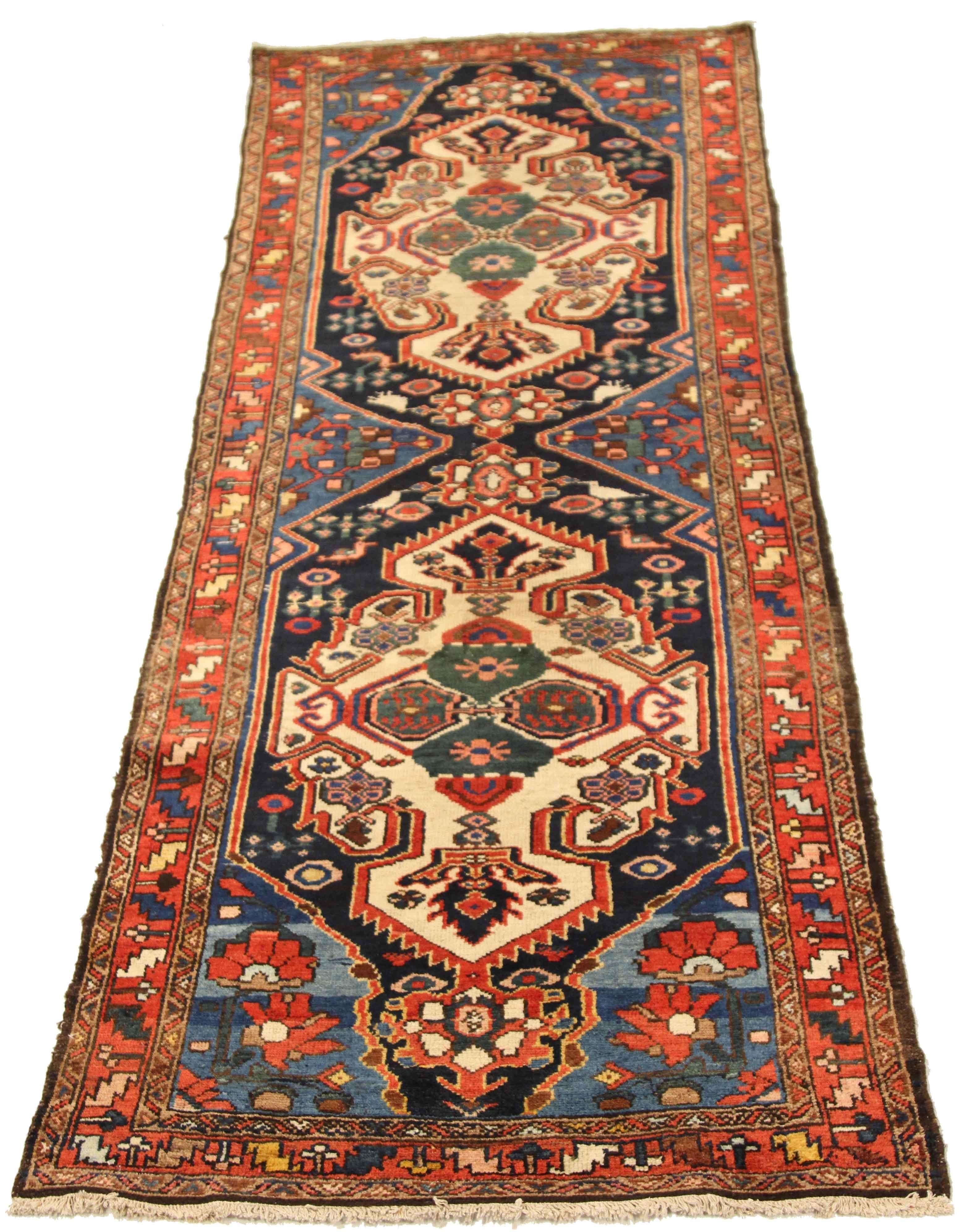 Mid-20th Century 1950s Antique Persian Bakhtiar Runner Rug with Ivory & Red Geometric Medallions  For Sale