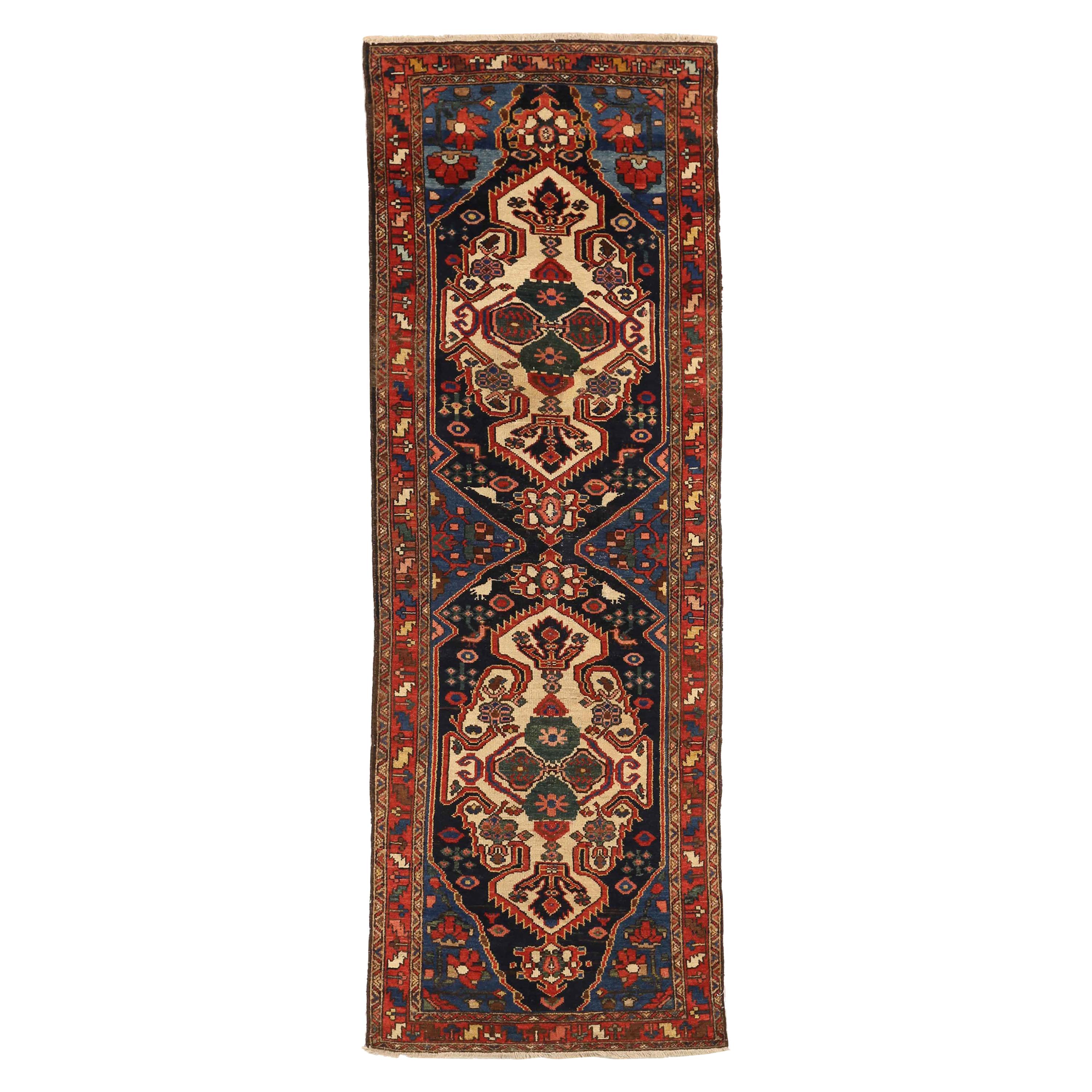 1950s Antique Persian Bakhtiar Runner Rug with Ivory & Red Geometric Medallions  For Sale