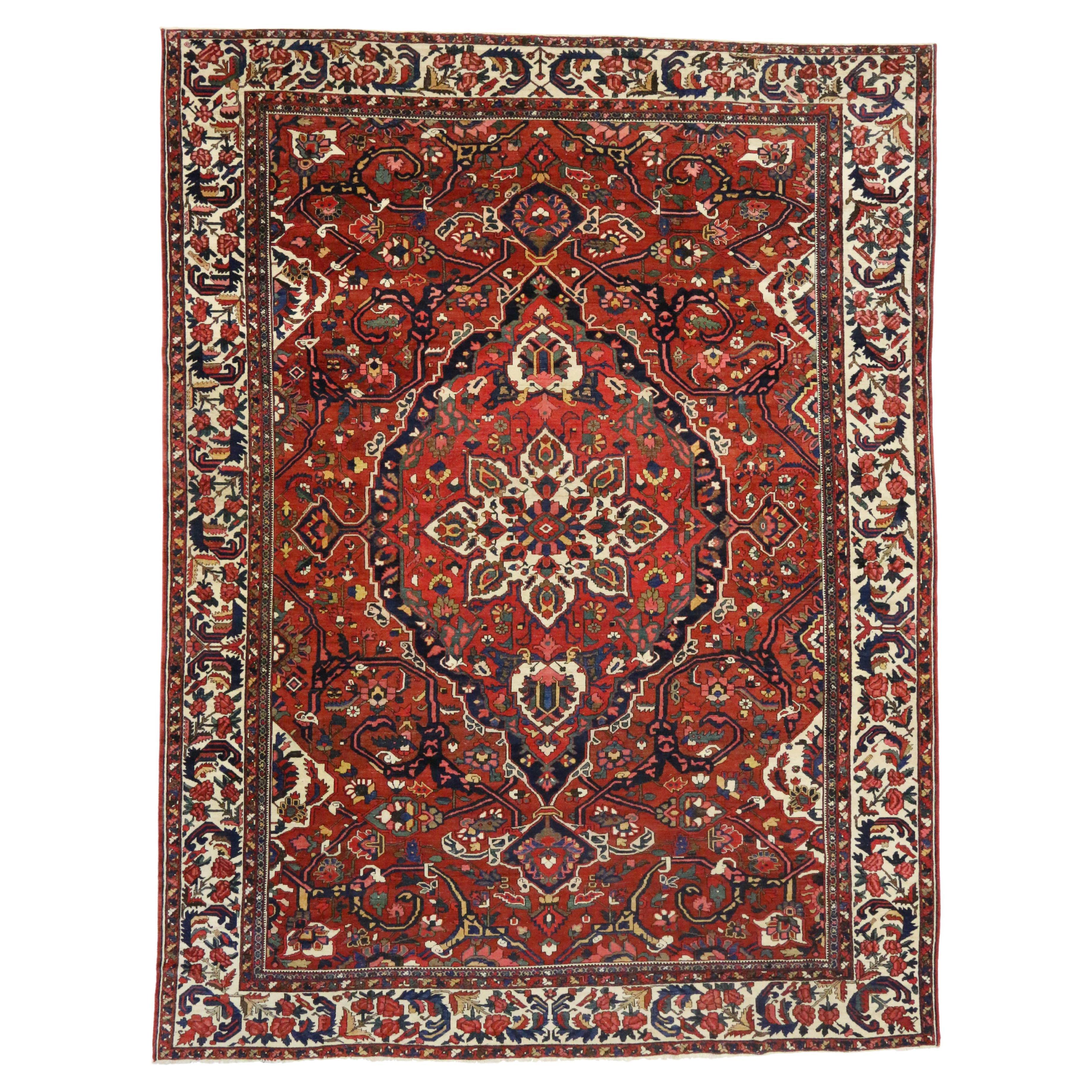 Antique Persian Bakhtiari Area Rug, Classic Elegance Meets Ivy League Style For Sale