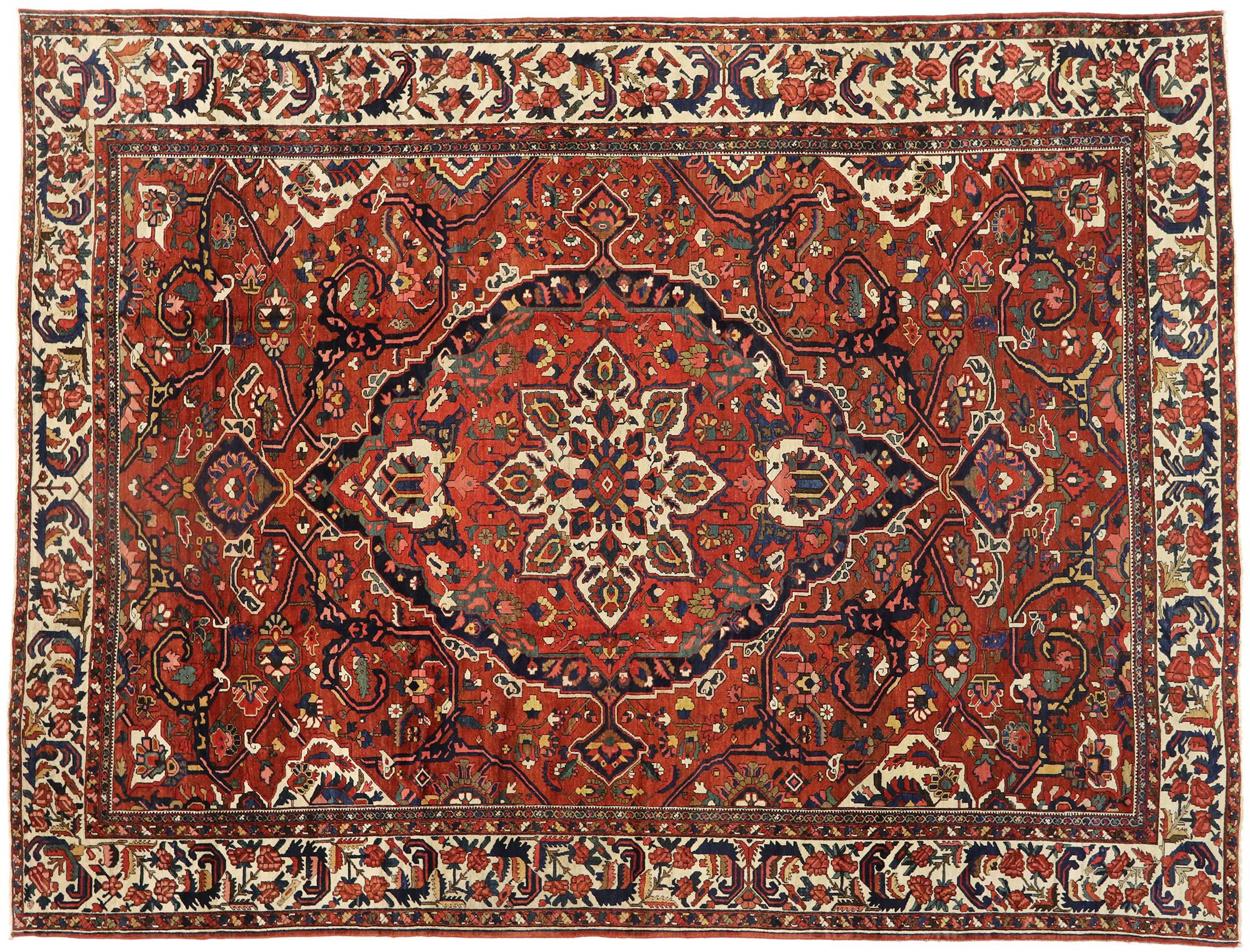 Wool Antique Persian Bakhtiari Area Rug, Classic Elegance Meets Ivy League Style For Sale