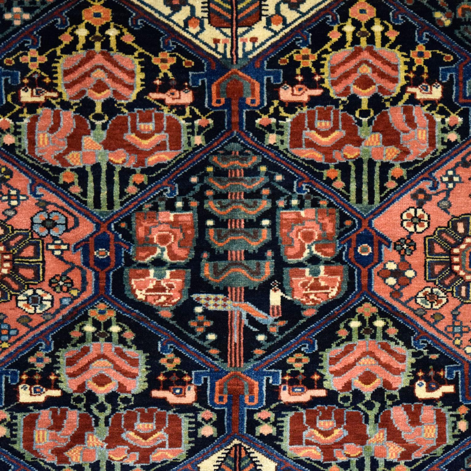 Tissé dans des tons vibrants de laine rouge, bleue, rose, crème, verte et dorée, ce tapis persan Bakhtiari est noué à la main en pure laine filée à la main et mesure 4'6