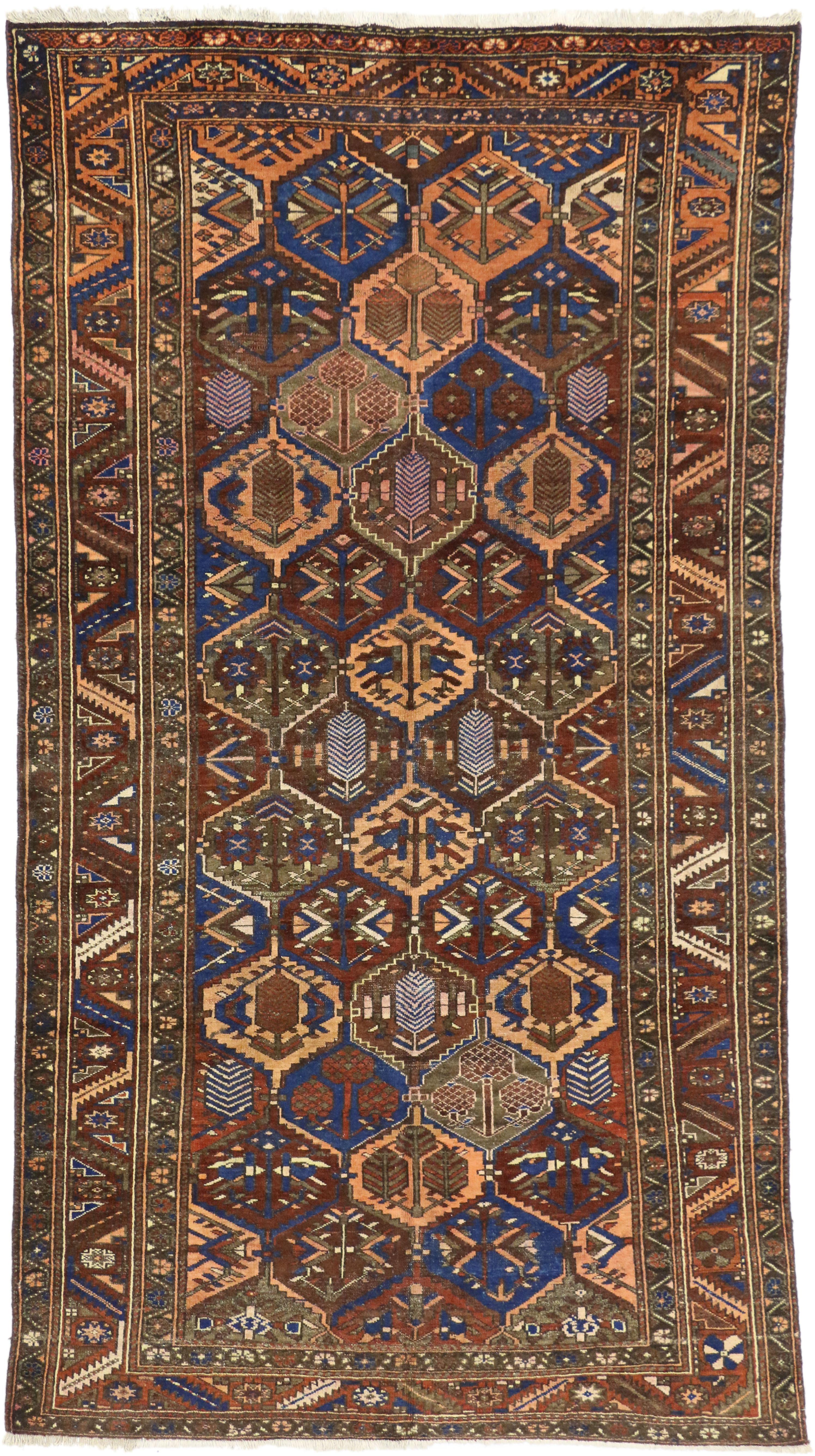 75269 Antique Persian Bakhtiari Rug, 05’08 x 10’03.
Biophilic Design meets beguiling elegance in this antique Persian Bakhtiari rug. The four seasons garden design and rich earthy hues woven into this piece work together cultivating a look of