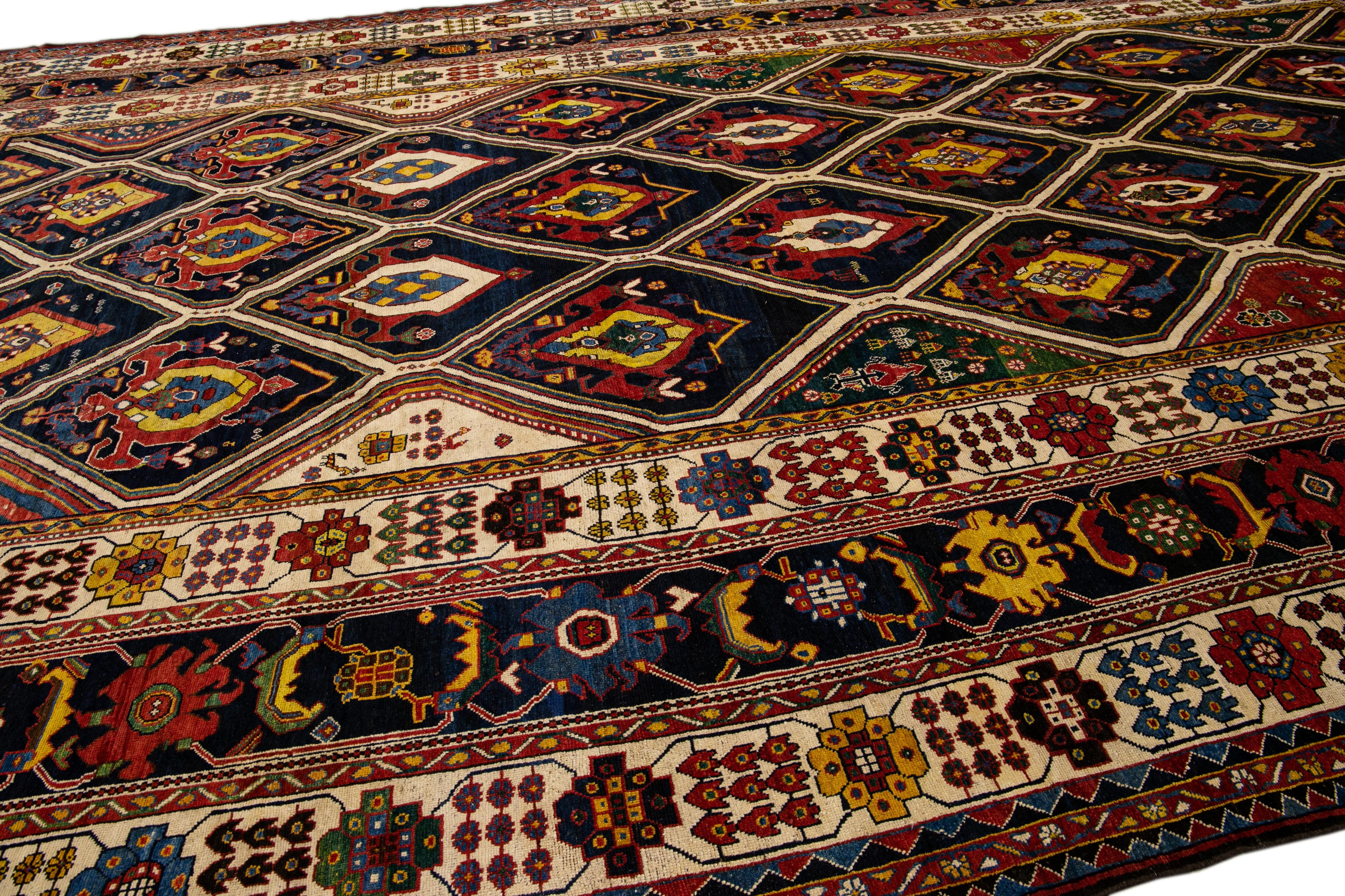 Antique Persian Bakhtiari Handmade Allover Designed Multicolor Oversize Wool Rug For Sale 4