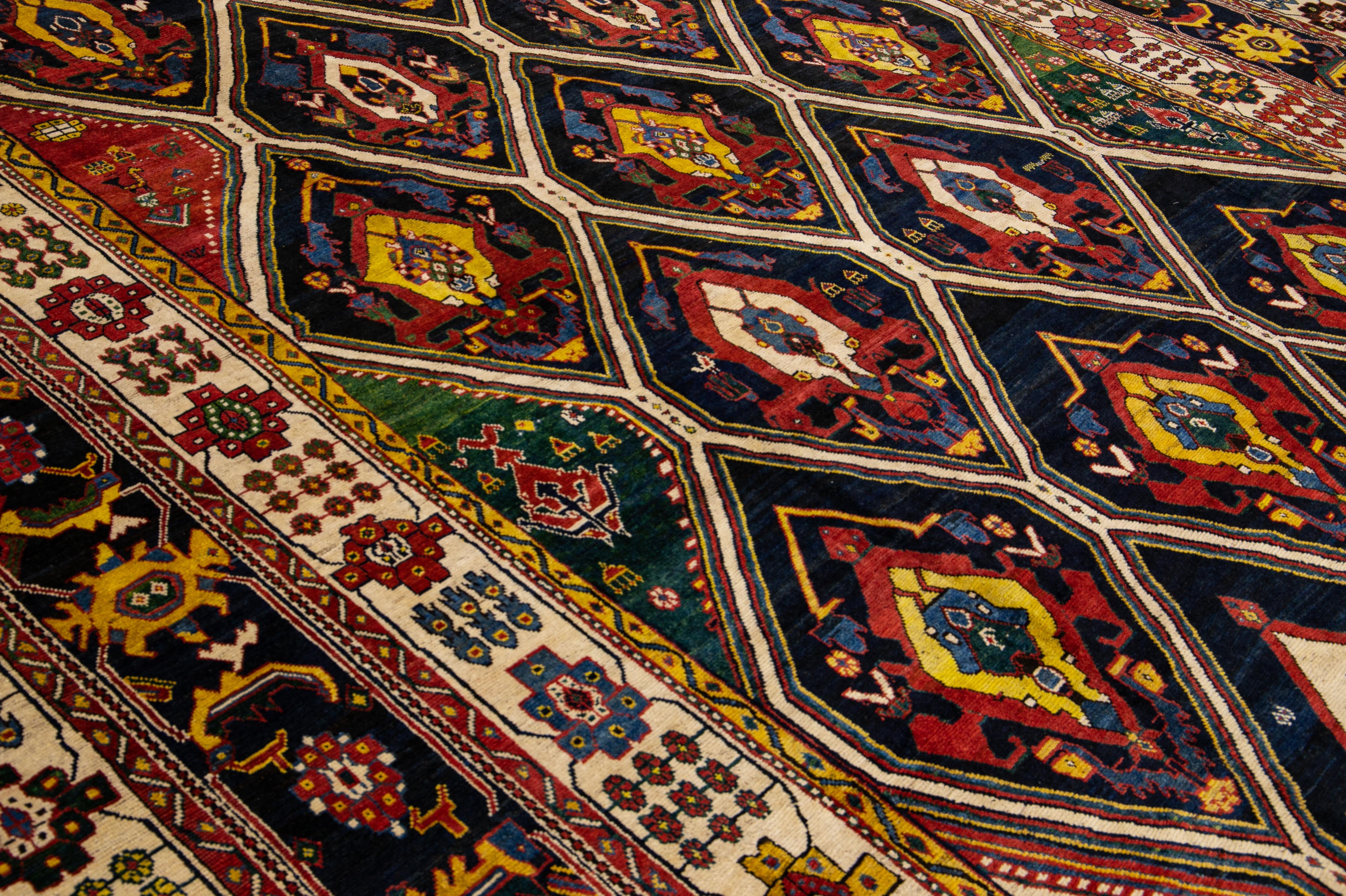 Antique Persian Bakhtiari Handmade Allover Designed Multicolor Oversize Wool Rug For Sale 2