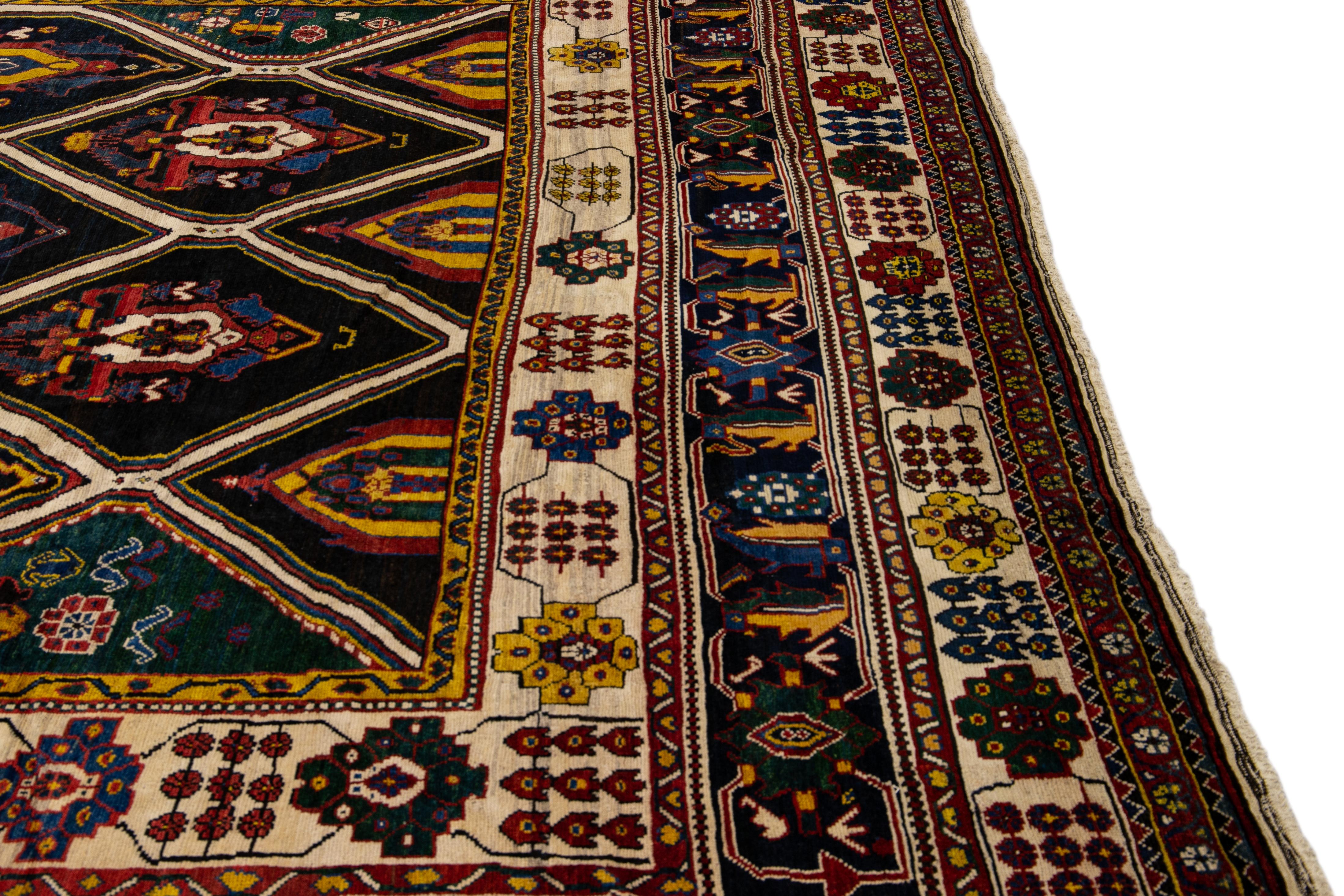 Antique Persian Bakhtiari Handmade Allover Designed Multicolor Oversize Wool Rug For Sale 3