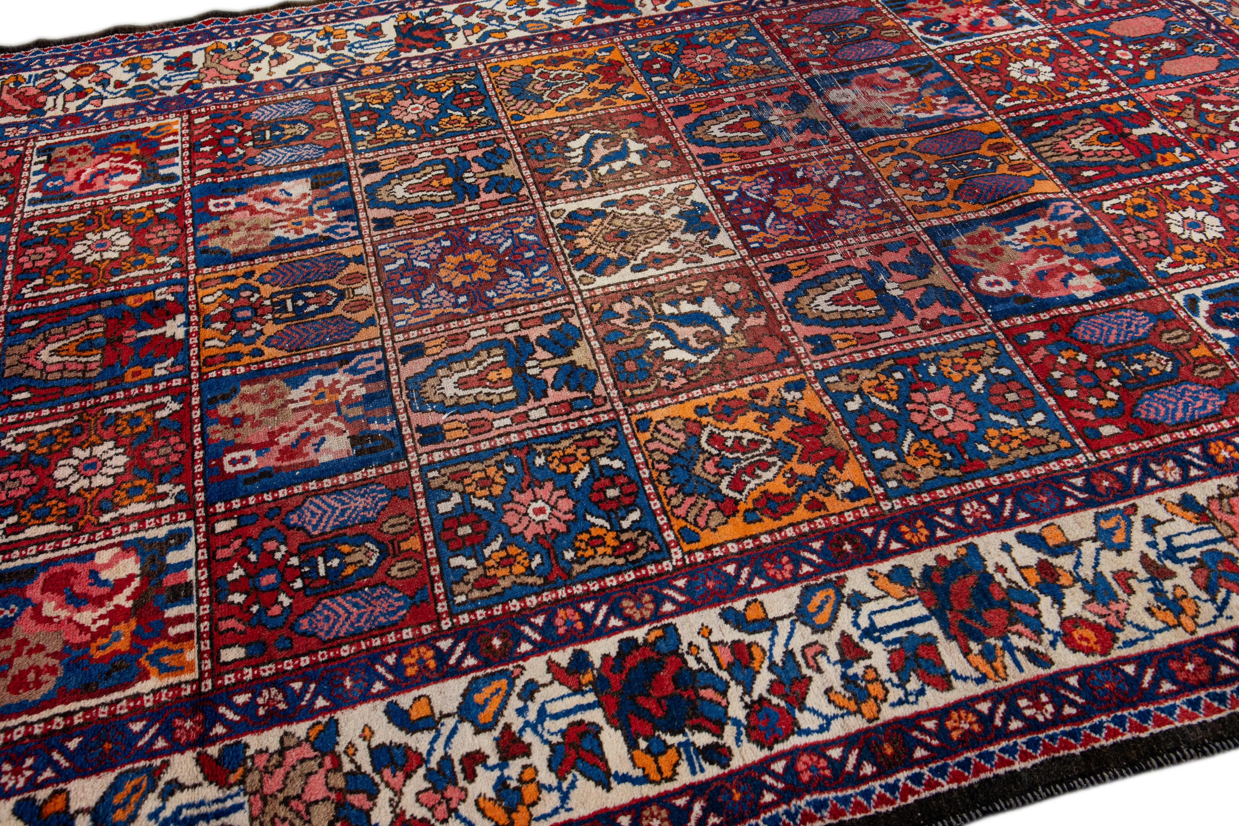 Antique Persian Bakhtiari Handmade Allover Pattern Multicolor Wool Rug For Sale 4